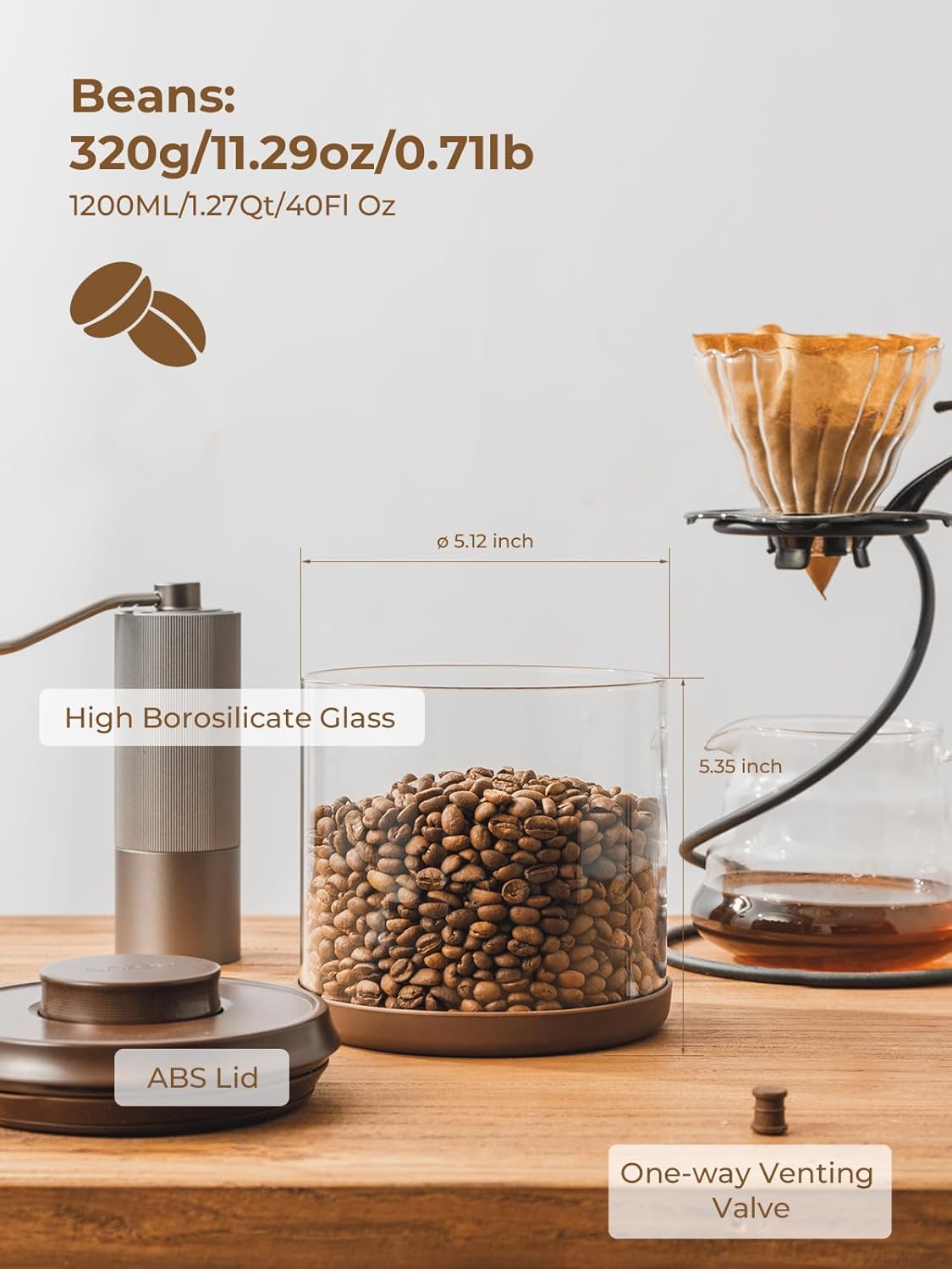 Airtight Coffee Canister, 13 oz Borosilicate Glass Coffee Bean Storage Container with Pop Lid, CO2 Releasing Valve for Grounds Coffee, Beans, Sugar, 0.81lb