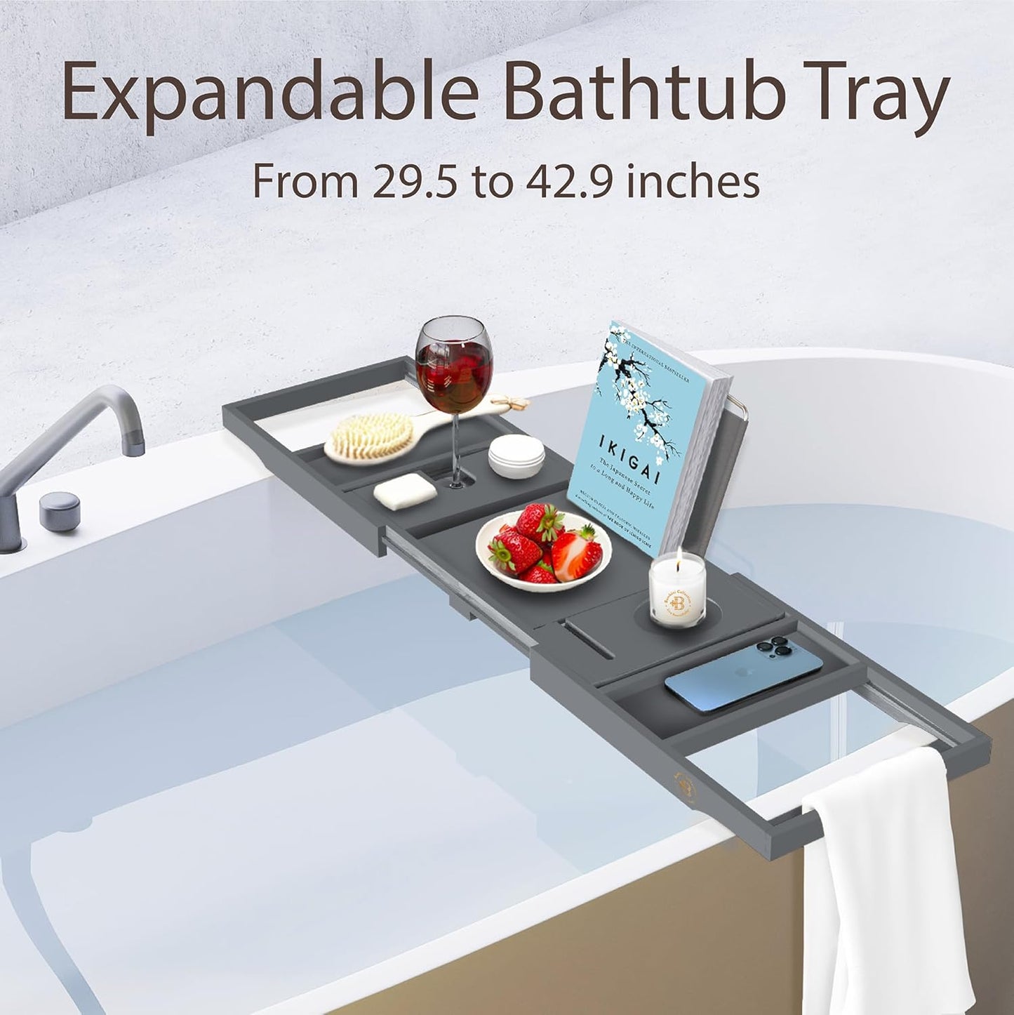 Bathtub Tray - Expandable Gray Bamboo Bath Tray for Tub with Wine Glass Holder, Book & Tablet Stand - Wooden Bathtub Caddy for Bathroom Accessories, Spa Relaxation, Housewarming & Wedding Gift
