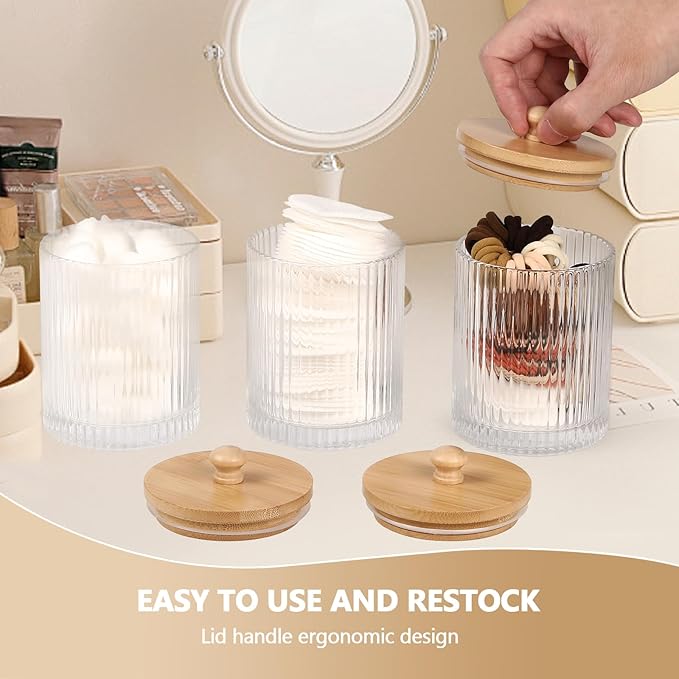 3 Pack Qtip Holder - Bathroom Organizers and Storage, Cotton Round Holder Floss Pick Cotton Ball Holder Swab Dispenser Set with Tray, Glass Apothecary Jars with Lids, -sw clear y
