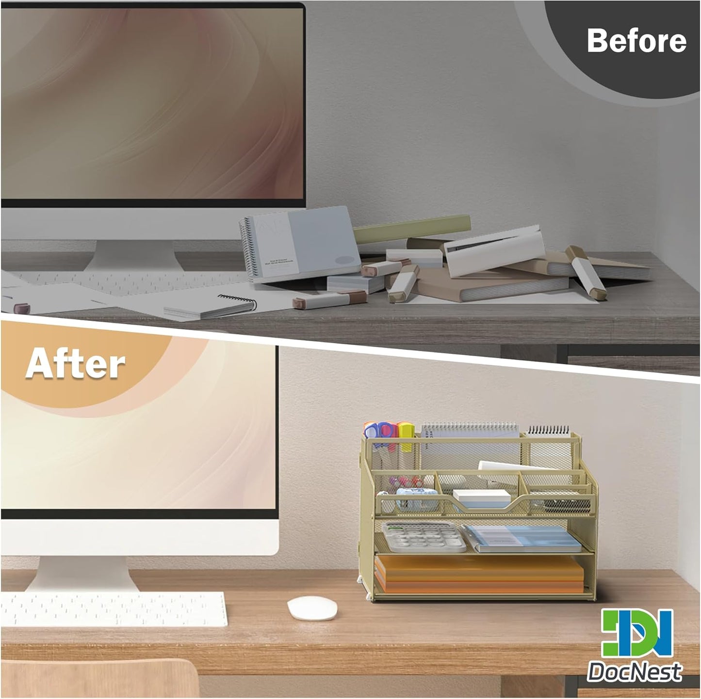 Docnest 3 Tier Mesh Desk Organizer for Paper Office Supplies – Multi-Functional Letter Tray with 5 Adjustable Compartments, 3 Pen Holders, Desktop Storage for Files, Mail, Stationery – Gold Yellow