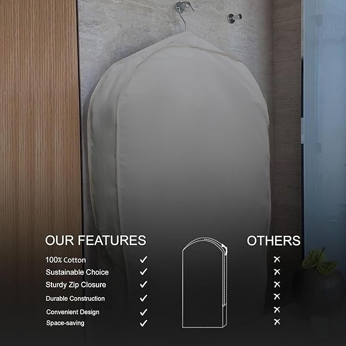 100% Cotton Garment Bag | Long | Breathable Garment Bags for Hanging Clothes | Garment Storage Bag for Long Dresses & Coats Storage | Pack of 1 (42 Inch)