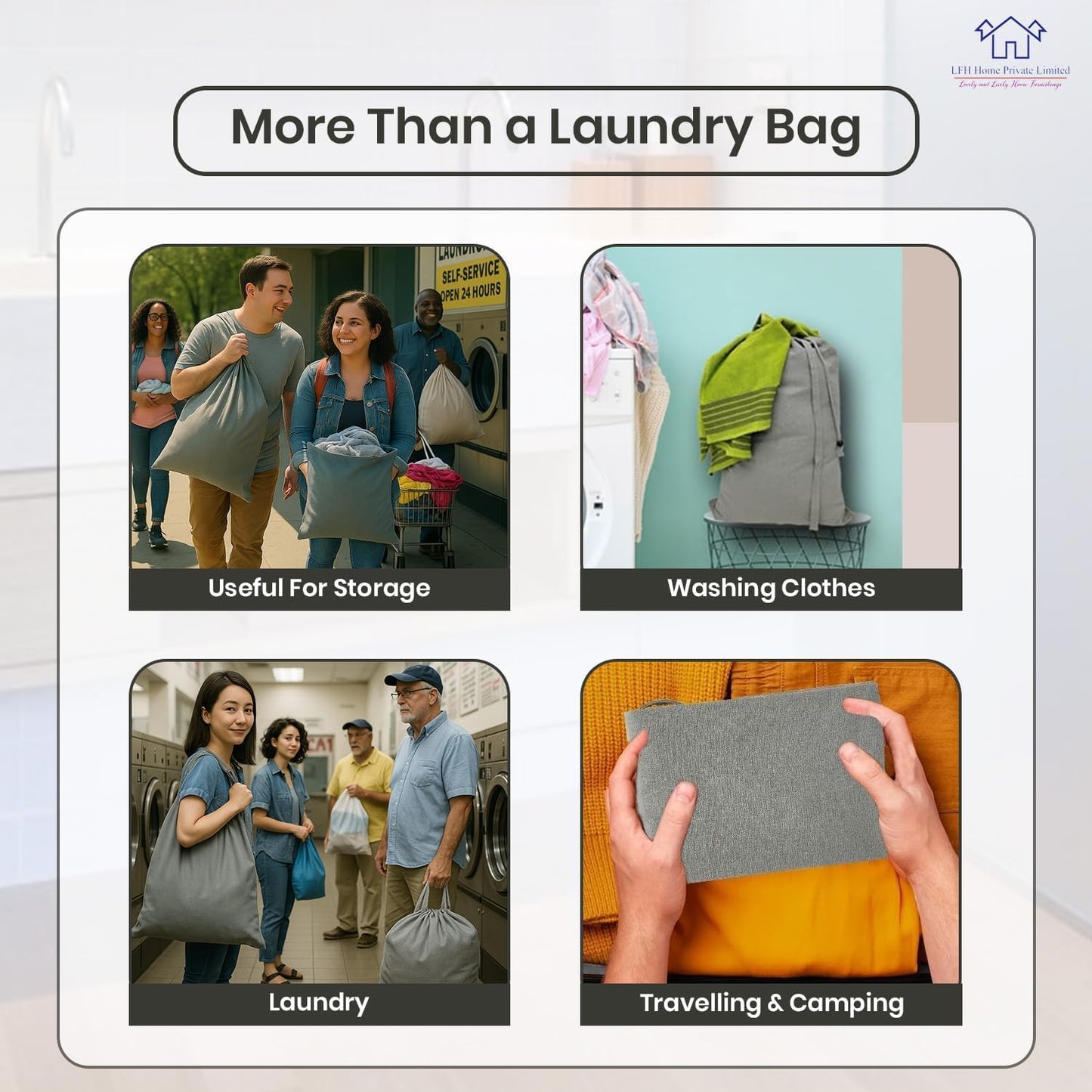 LFH Home Cotton Canvas Large Laundry Bag with Handle, Heavy Duty Drawstring Closure Washable Laundry Bags, School Travel, Home, Hotel, College Dorm, Organizer Sack, Toys Clothes 28x36 (Pack of 6)-Grey