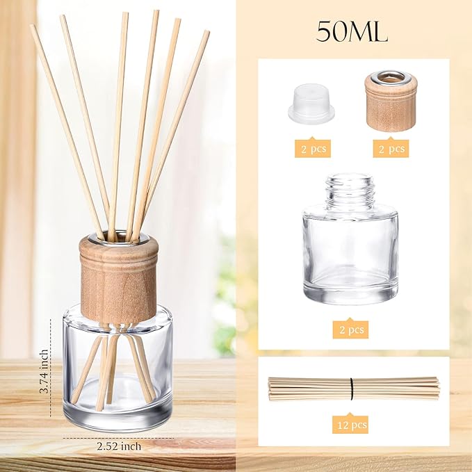 Roshtia 2 Set Reed Diffuser Bottle Empty Refillable Fragrance Glass Diffuser Bottles Set with Wooden Caps Sticks 50ml 1.7 oz Round Glass Jars for DIY Fragrance