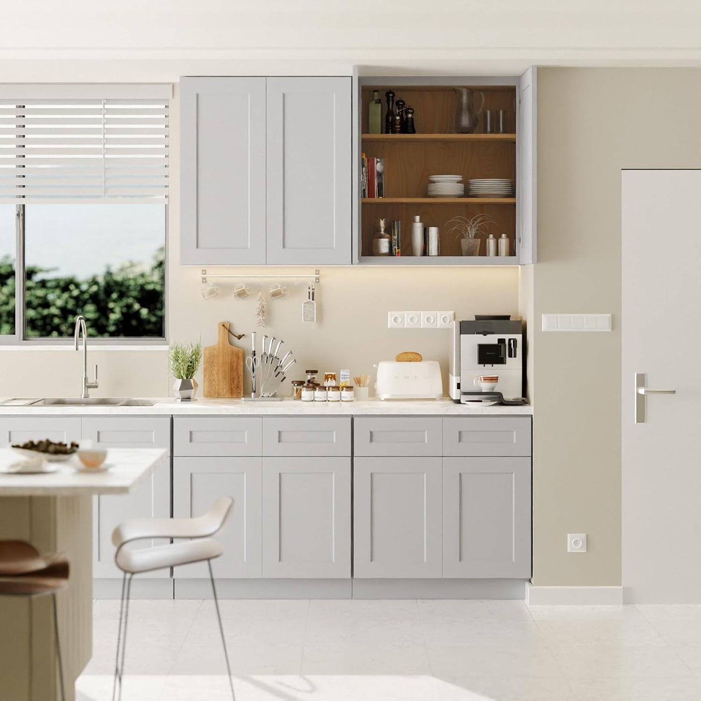 33 Inch Laundry Room Cabinets Wall Mounted, Solid Wood Over The Toilet Storage Cabinet, Bathroom Organizer Cabinets with 2 Door & Shelves, Easy to Assemble for Kitchen, Garage - Light Gray