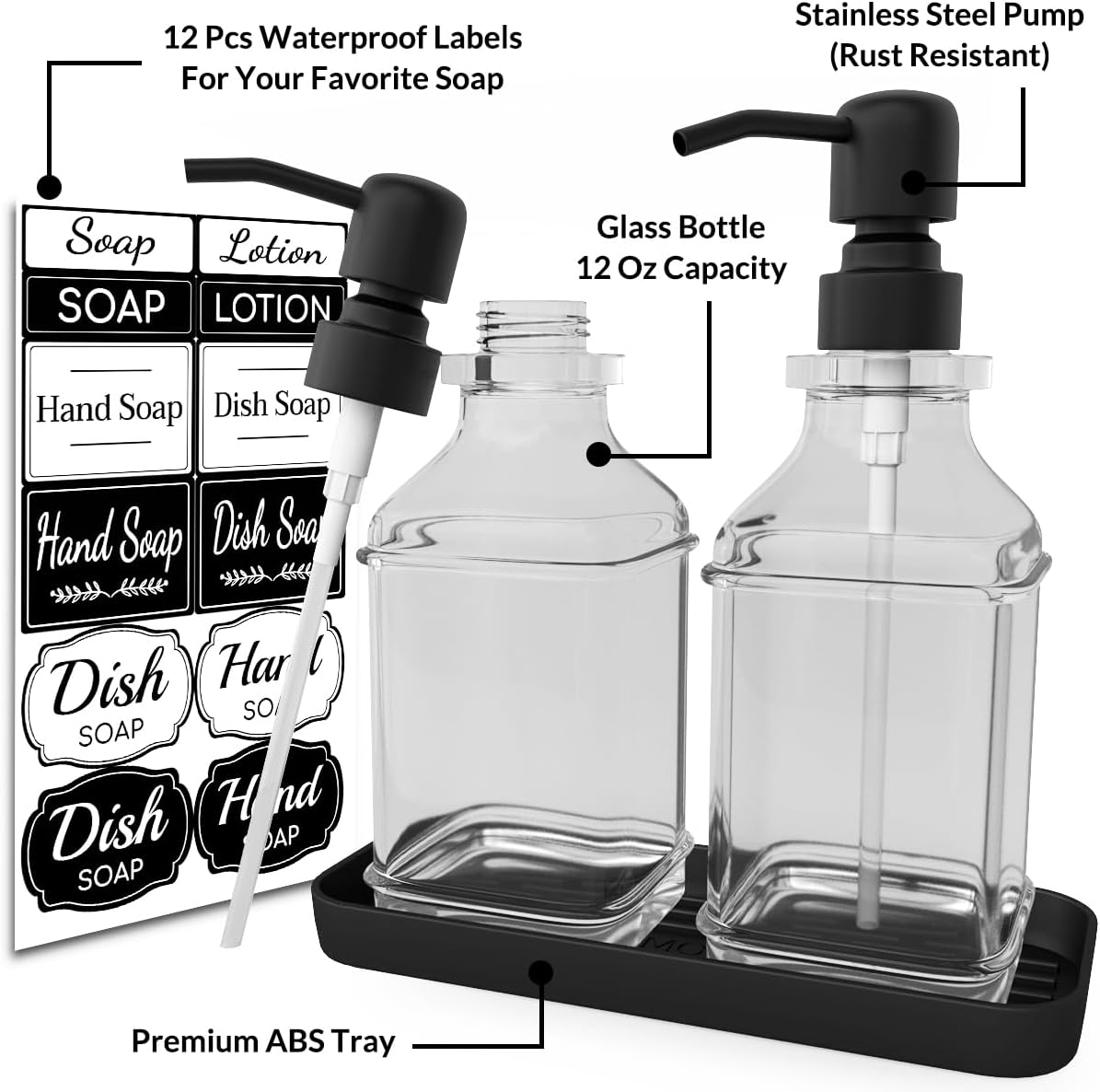 Soap Dispenser - 2 Pack, Antique Design Thick Glass Hand Soap Dispensers with Sturdy Tray; 304 Rust Proof Stainless Steel Black Pump, 12Pcs Stickers, for Kitchen, Bathroom