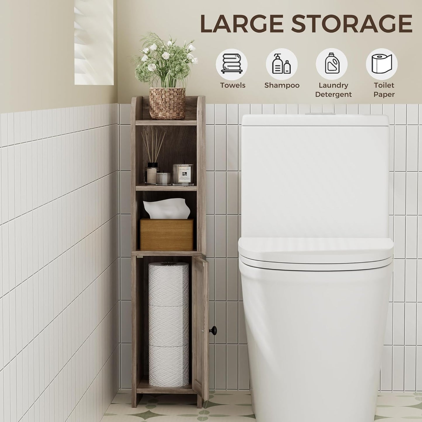 Homhedy Small Bathroom Storage Corner Floor Cabinet with Door and Shelves, Beside The Toilet Paper Stand for Skinny, Narrow Toilet Paper Cabinet, 7.9" D x 7.1" W x 31" H, Greige