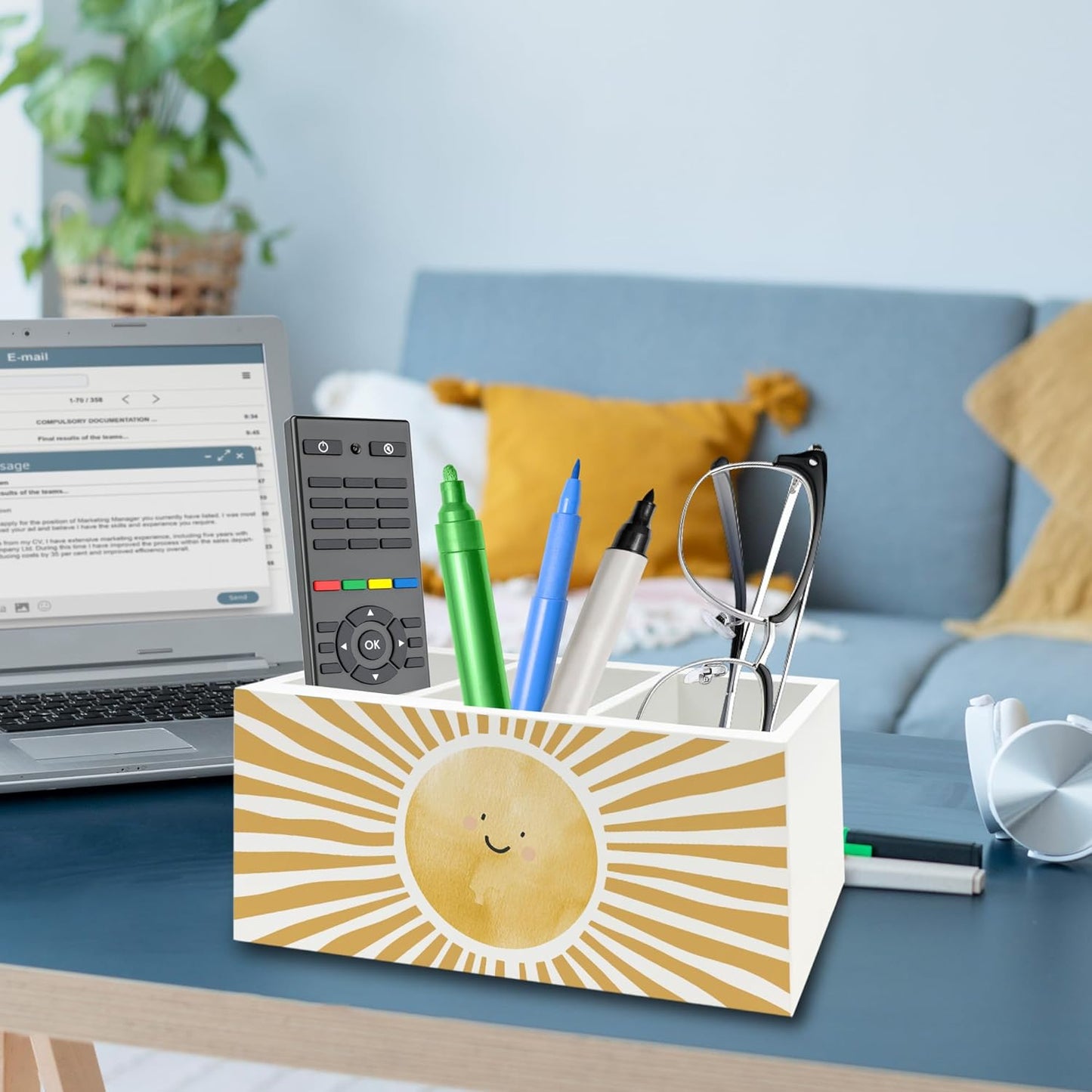 Boho Yellow Sunshine Pen Pencil Holder Organizer for Desk, Cute Smile Groovy Sun Sunshine Wooden Box Signs Decorations for Kids Room Home Classroom Desk Tabletop