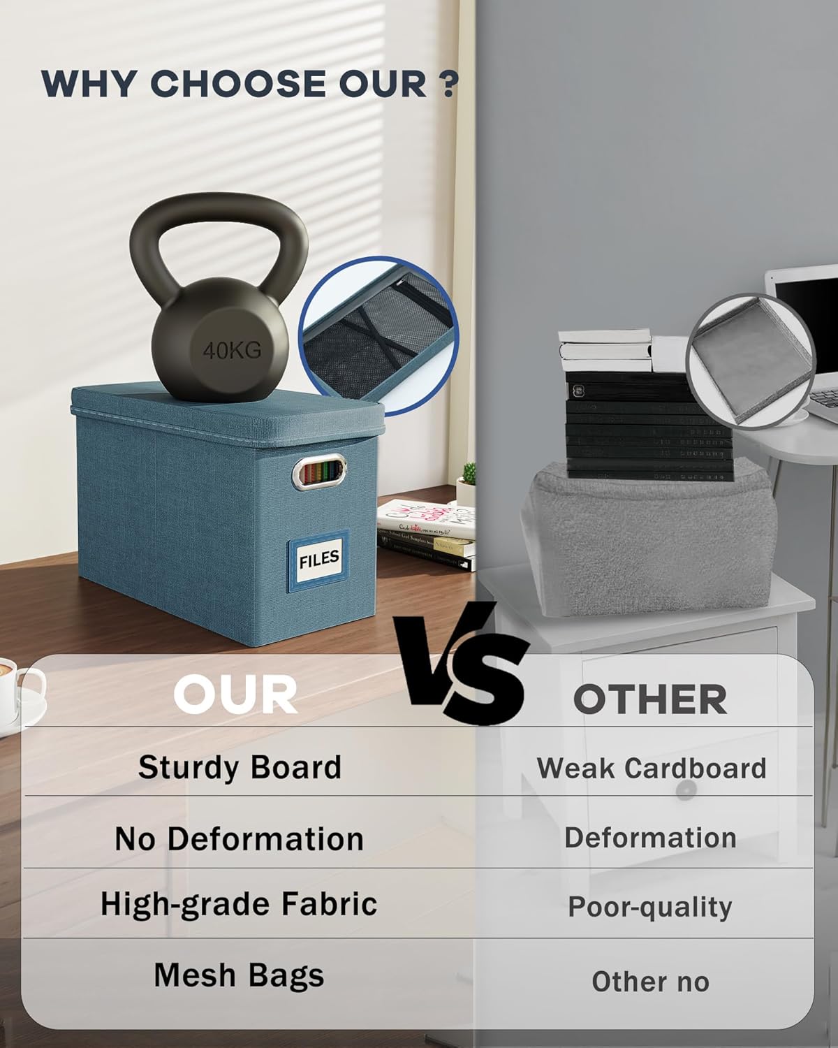 Oterri File Organizer with Lid, Hanging Filing Box with Mesh Pocket, Document Organizer for Letter Files, Portable Storage Box with Smooth Sliding Rail for Office&Home (2 PCS, Dark-blue)