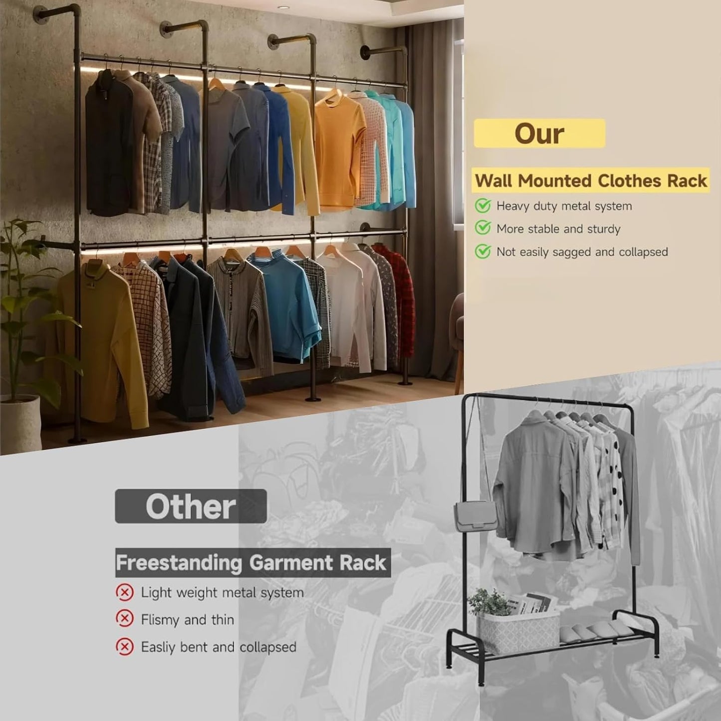 Industrial Pipe Gold Clothes Racks Wall Mounted, Rustic Gold Industrial Pipe Clothing Rack Design - Stylish & Heavy Duty Corner Garment Racks, Perfect for Home or Retail Display