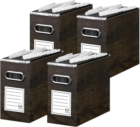 Oterri Cardboard File Organizer Box for Hanging File Folders Letter Size,File Box for Computer Desk,File Cabinet,Working Home,Office,Classroom (Brown Wood Grain Print, Letter Size - 4 Packs)