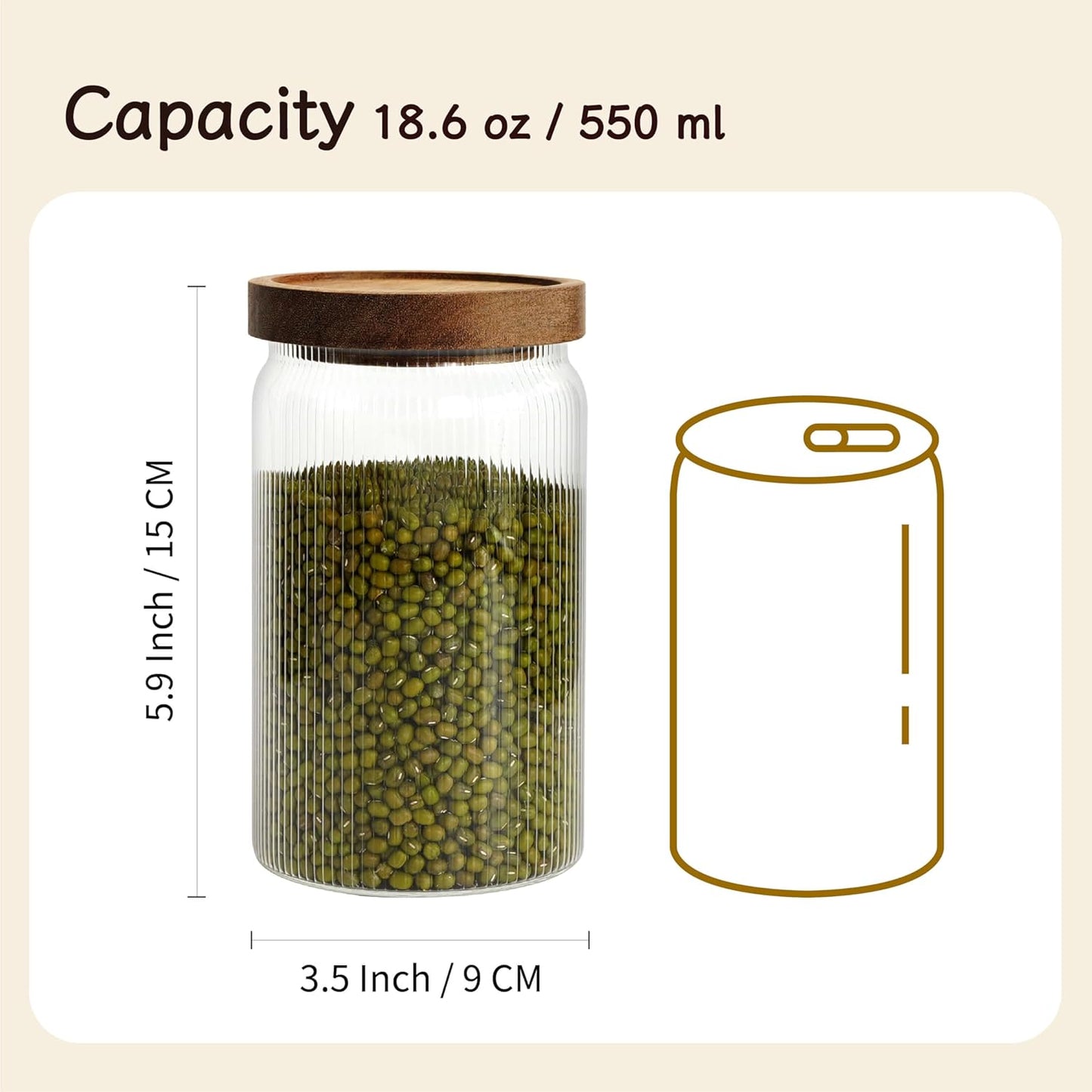 Ribbed Glass Storage Jars Set of 2 – Airtight Food Canisters with Wooden Lids, Stackable Kitchen Organizers for Coffee, Tea, Spices & Dry Goods (18.6oz)
