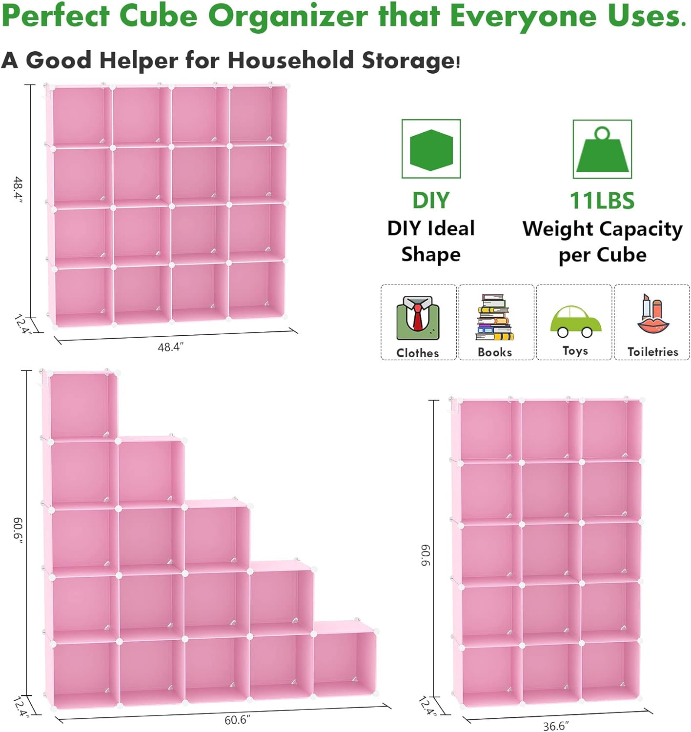 C&AHOME Cube Storage Organizer, 16-Cube Shelves Units, Plastic Storage Cubes, DIY Closet Organizer, Modular Closet Storage Shelves Ideal for Home, Bedroom, 48.4" L × 12.4" W × 48.4" H Pink UPCS16P