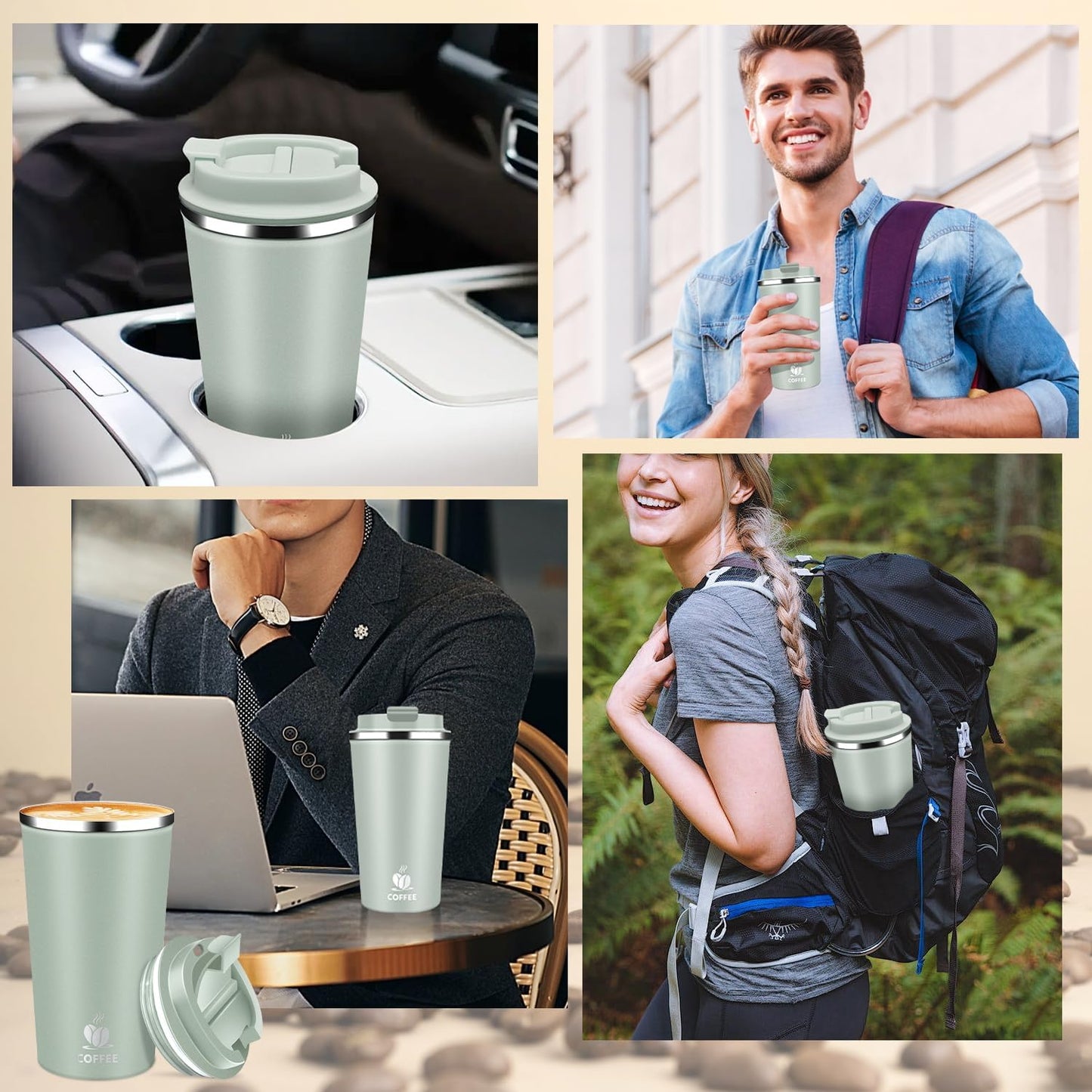 Insulated Travel Coffee Mug Reusable Coffee Tumbler Cup with Flip Lid Leak Proof Spill Proof for Office School Party Camping Hot and Cold Drink,Stainless Steel 17oz (Agave Green)