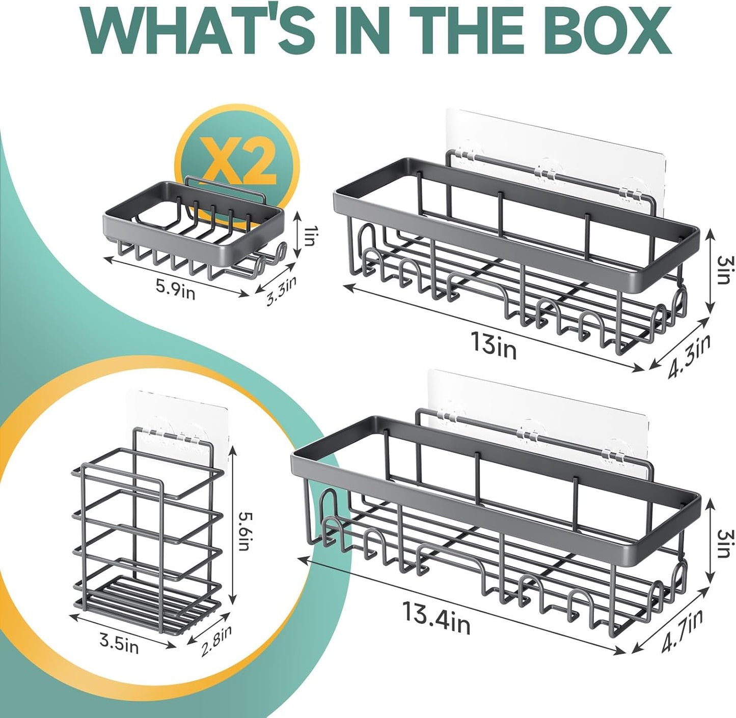Veken Adhesive Shower Caddy 5-Pack,Heavy Weight Bearing,Large Wall Mounted Shower Shelves Rack,Organizer Storage Accessories with Soap Dish&Toothbrush Holder,Ideal for Bathroom,Home&Kitchen,Light Grey