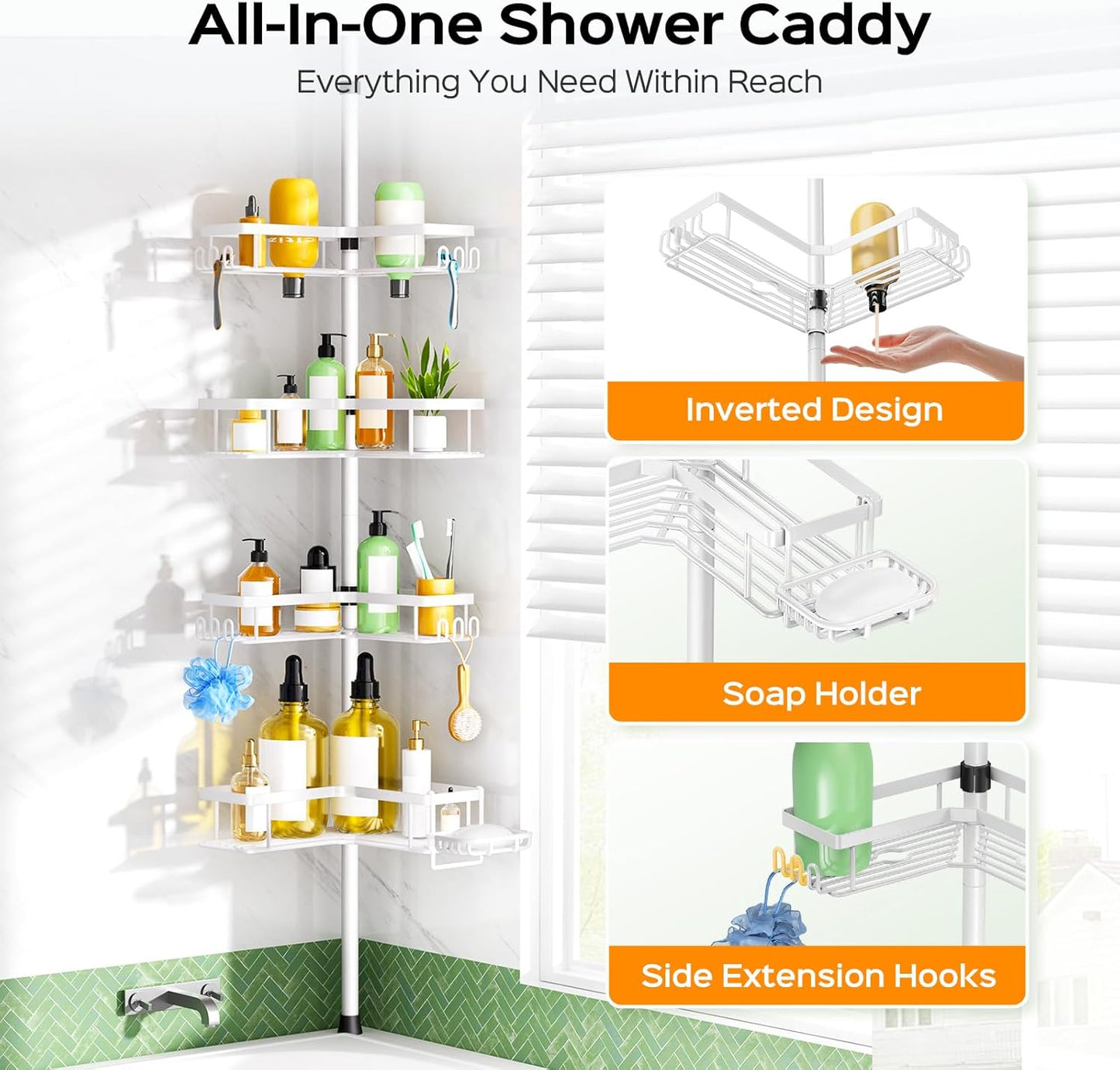 HAMITOR Corner Shower Caddy White: 4-Tier Rustproof Bathroom Bathtub Organizer Shelf with Soap Holder & Hooks - No-Drill Adjustable Standing Tension Pole Rack for Apartment Renters - 47-123 Inch