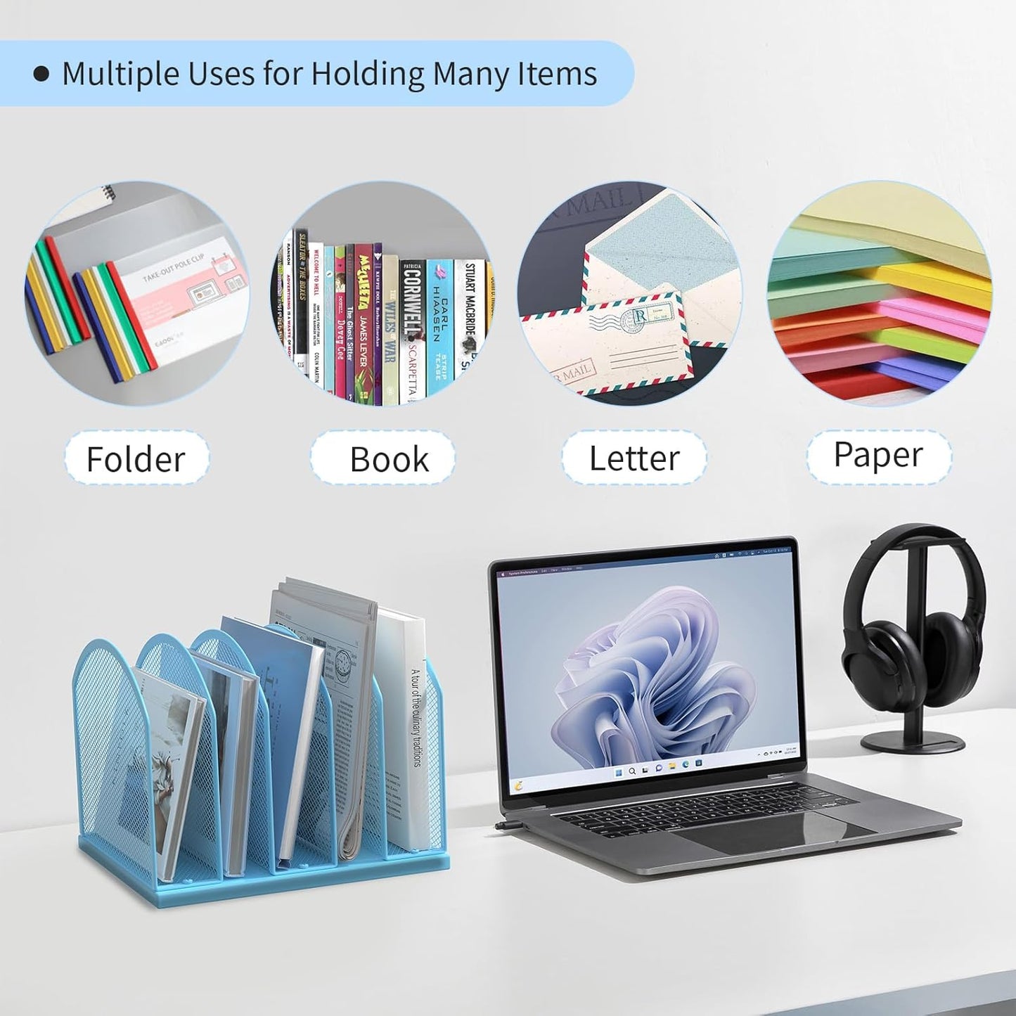 5-Section Vertical Desktop Organizer, 5-Section Mesh File Folder Stand Sorter for Office Home Classroom Organization (1, Blue)