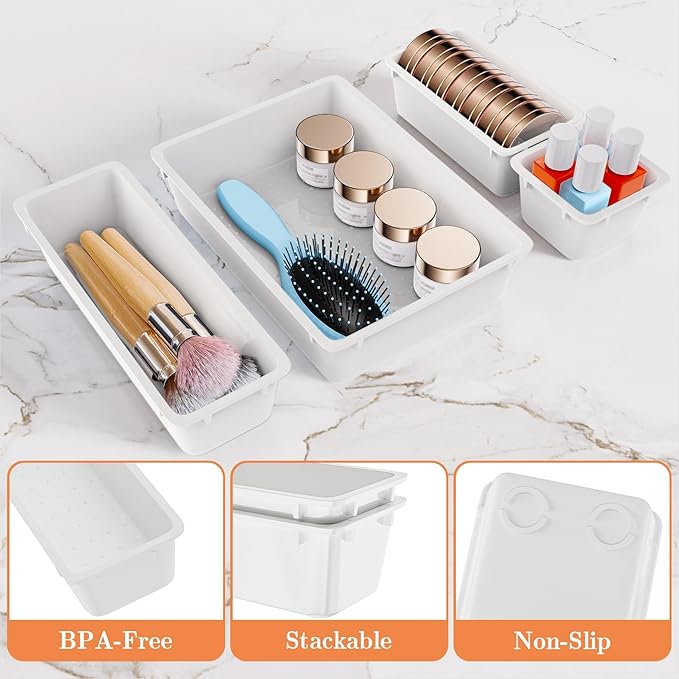 25 PCS Plastic Drawer Organizer Set, 4-Size Versatile Organizer Trays & storage Bins for Makeup, Jewelry, and Gadgets in Bathroom, Bedroom and Office, White