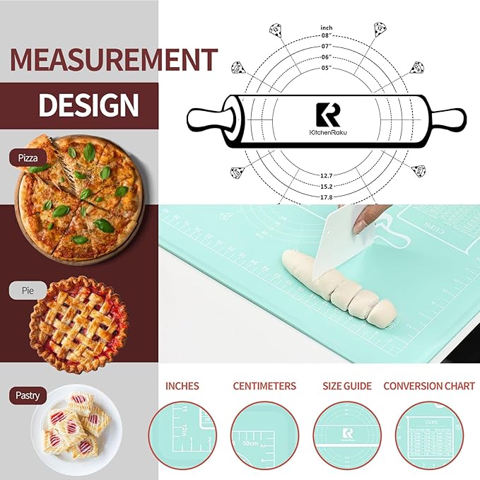 Silicone Baking Mat 20"L x 28"W, Extra Thick Dough Rolling Pad with Measurements and Edge Heightening, Non-stick Food Grade Silicone Pastry Mat for Pastry, Bread, Cookies