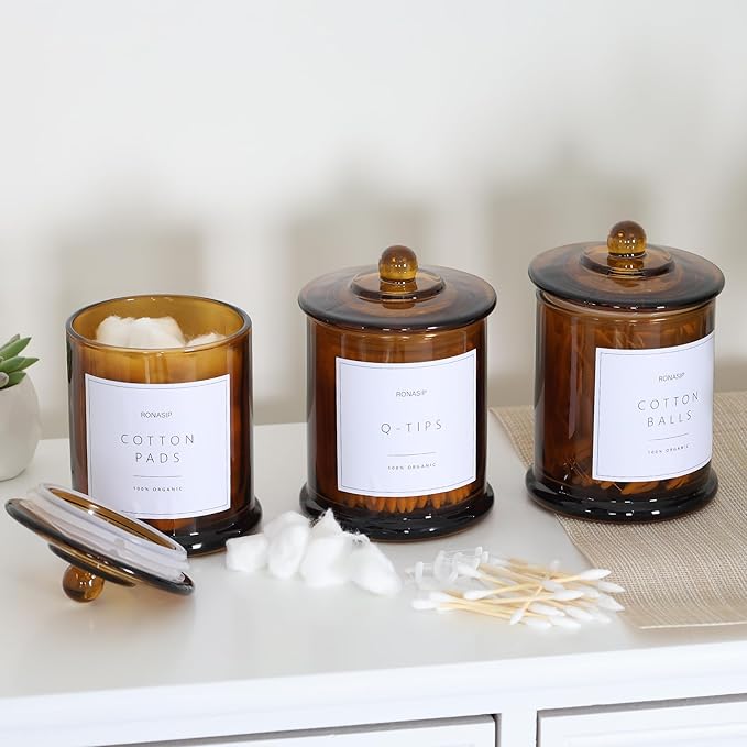 3 Pack Qtip Holder Dispenser, 16oz Bathroom Organizer and Storage Canisters, Glass Apothecary Jars with Lid - Home Decor, Room Decor Aesthetic (Amber)