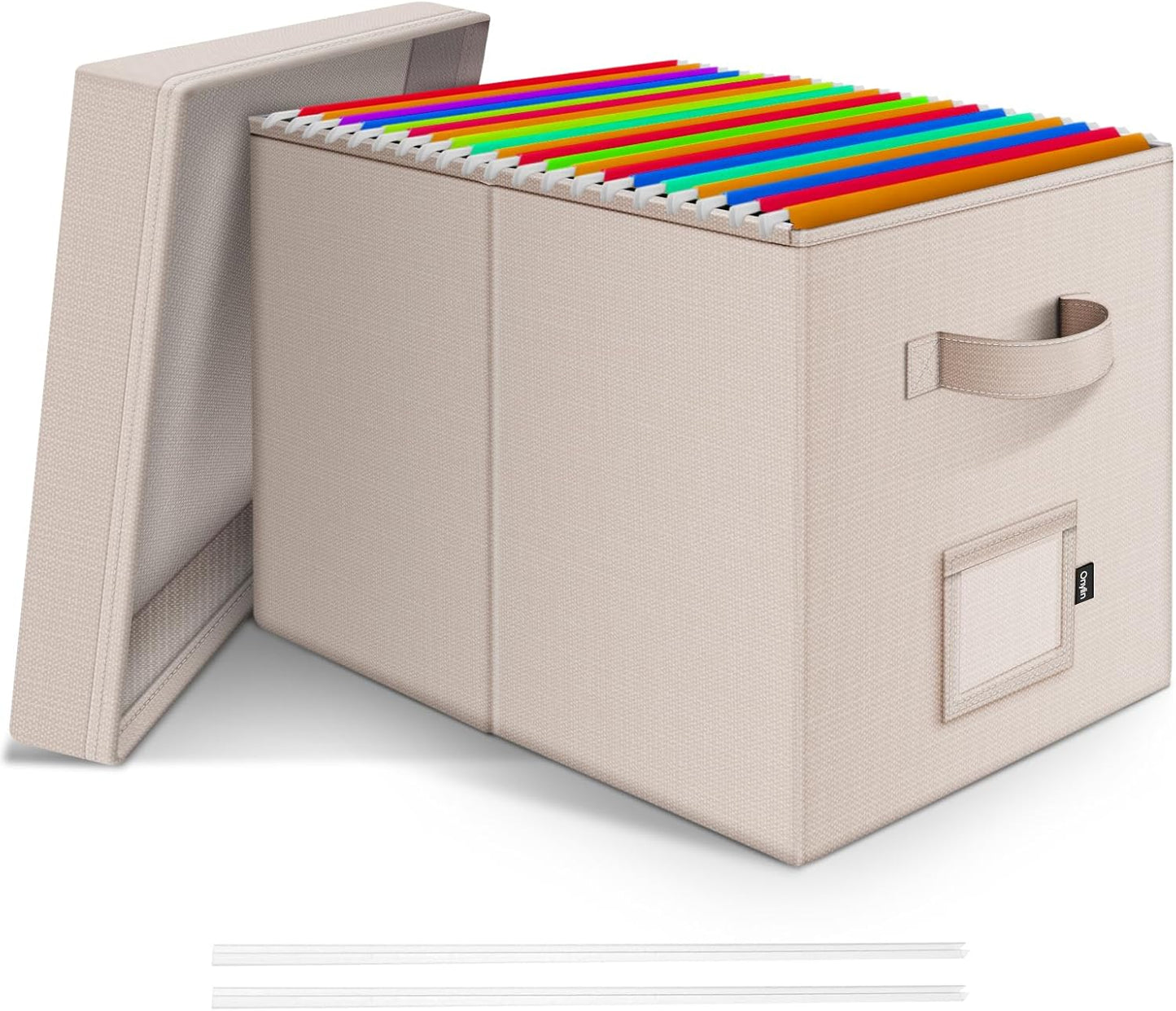 File Organizer Box with Lid, Linen Hanging File Storage Box with Handle, Collapsible Document Filling Box for Letter/Legal Folder, Portable File Box for Office/Decor/Home (1 Pack, Ivory)