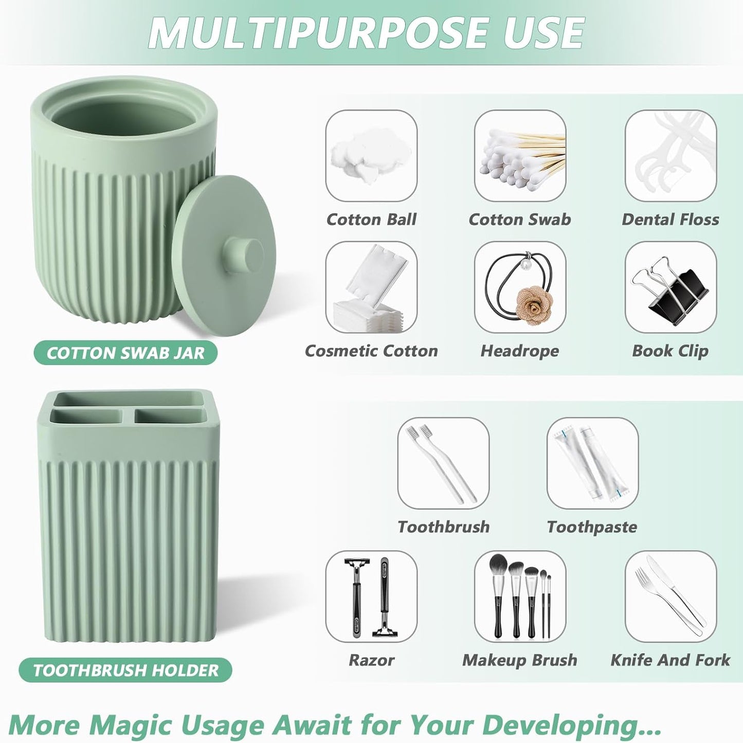 Resin Light Green Bathroom Accessories Set 5 Pcs, Lotion Soap Dispenser, Toothbrush Holder, Bathroom Tumbler, Qtip Holder and Vanity Tray, Bathroom Countertop Organizer Set for Modern Apartment