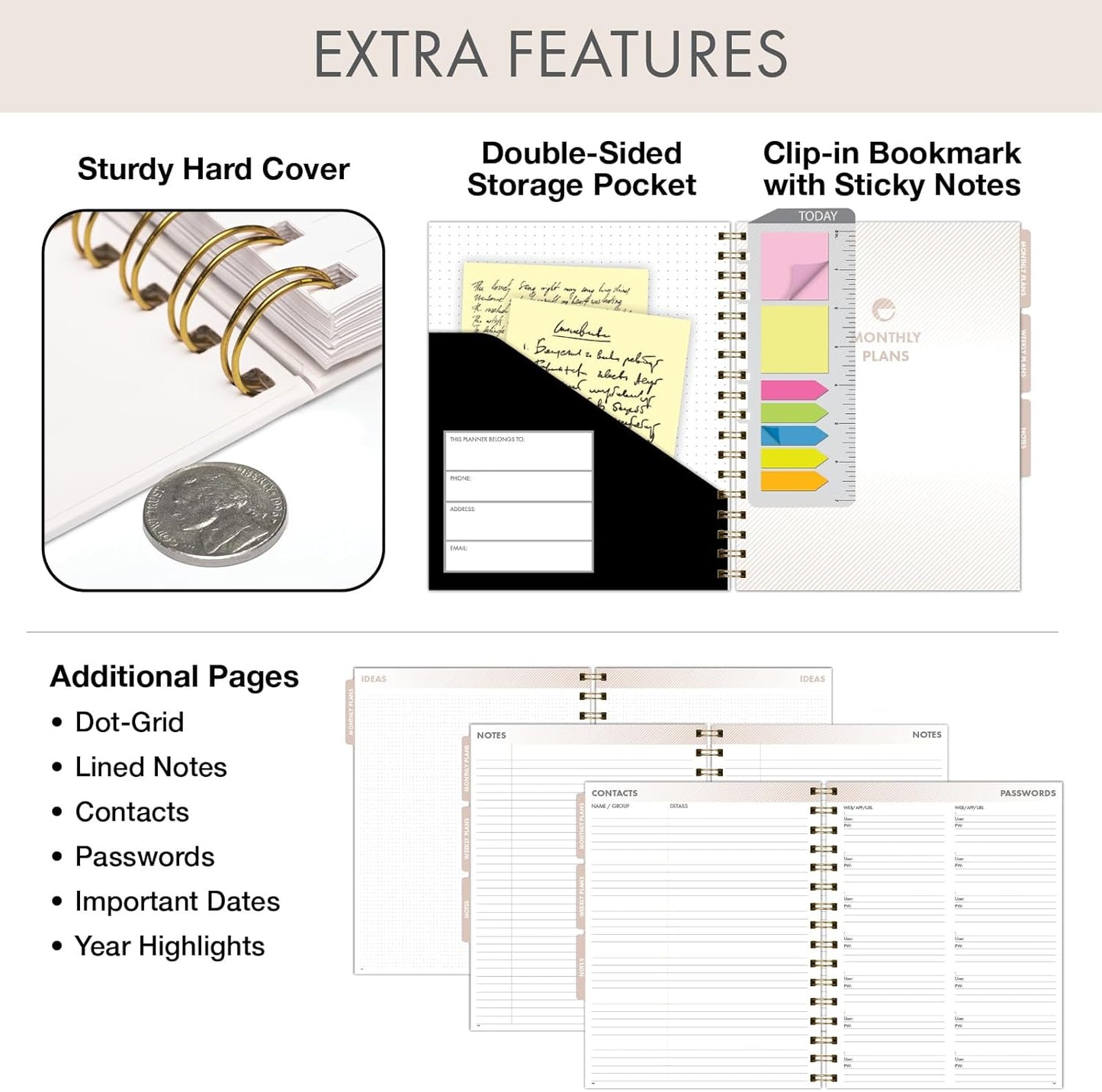 ESSENTIAL PRO Undated Daily, Weekly & Monthly Planner,Monthly Tabs,Daily Tracking,Notes Pages,Storage Pocket,Bookmark w Sticky Notes (Black)