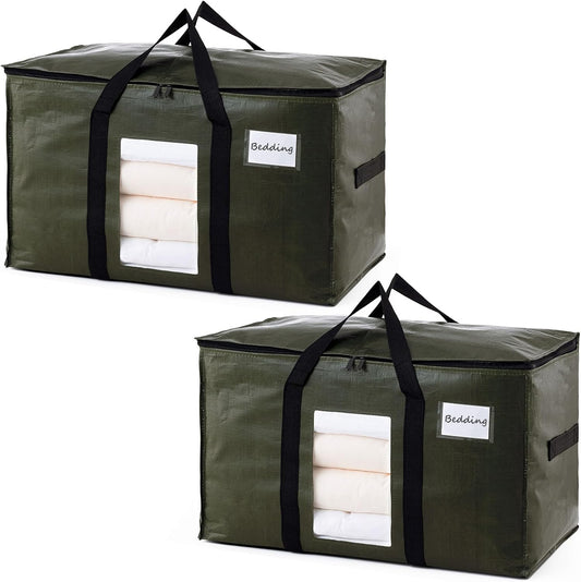 TAILI 2 Pack Green Extra Large Storage Bags, Heavy Duty Totes with Visible Window, Wrap Around Handles, Perfect for Moving