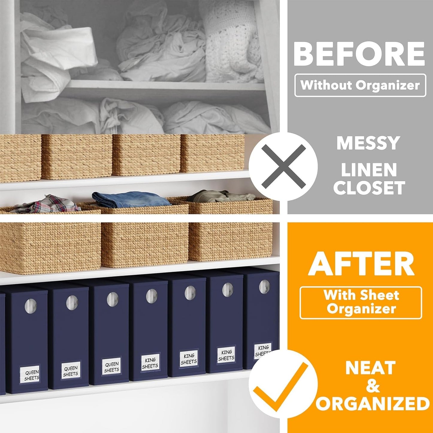 SpaceAid 8 Pack Bed Sheet Organizers and Storage, Foldable Sheet Organizer for Linen Closet, Sheets Set Folder Keeper with Window XL (Queen & King Size) Bedding Container (Navy Blue, 8 Pack)