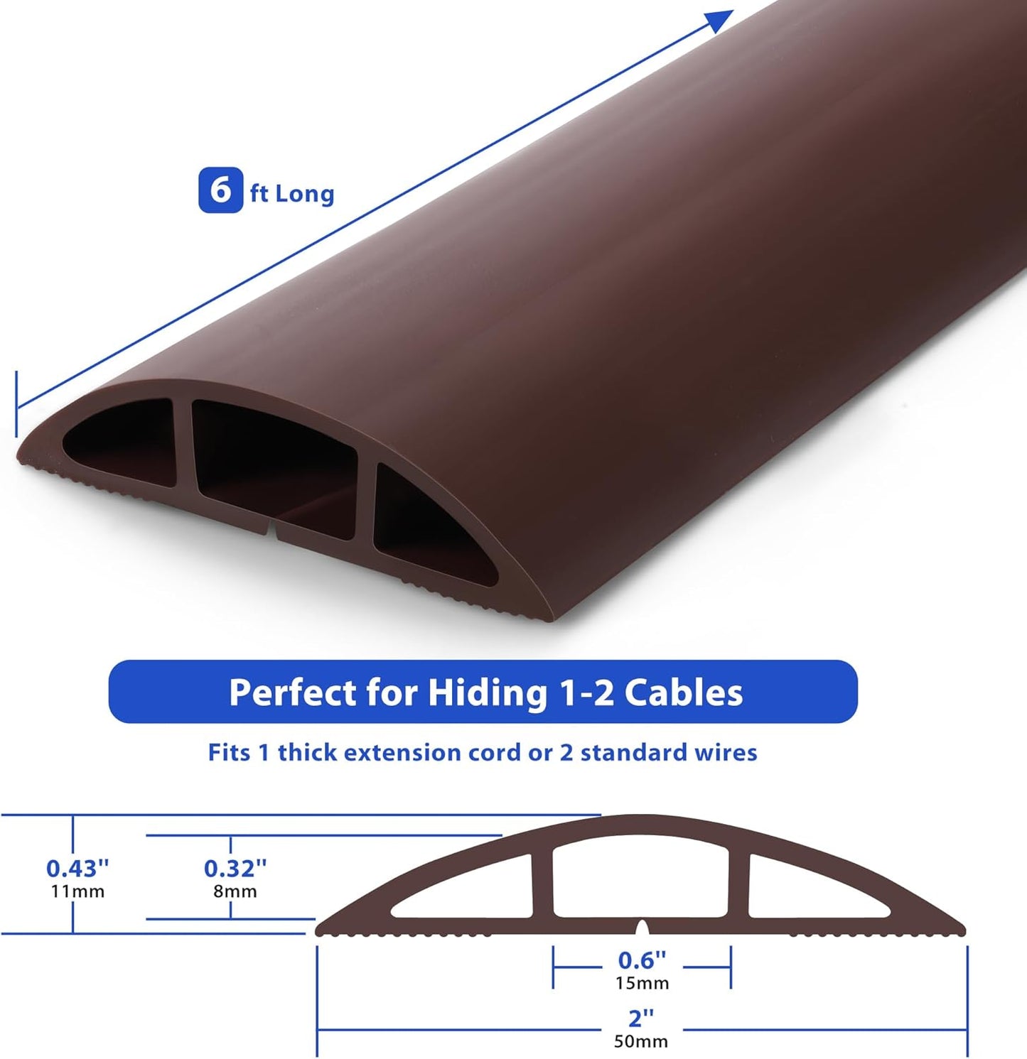 Floor Cord Cover 6ft, Cord Hider Floor Hide Extension Cords, Floor Cable Management Prevent Cable Trips, Floor Cable Cover Wire Covers for Cords, Cable Protector Cord Cavity W0.6in x H0.32in Brown