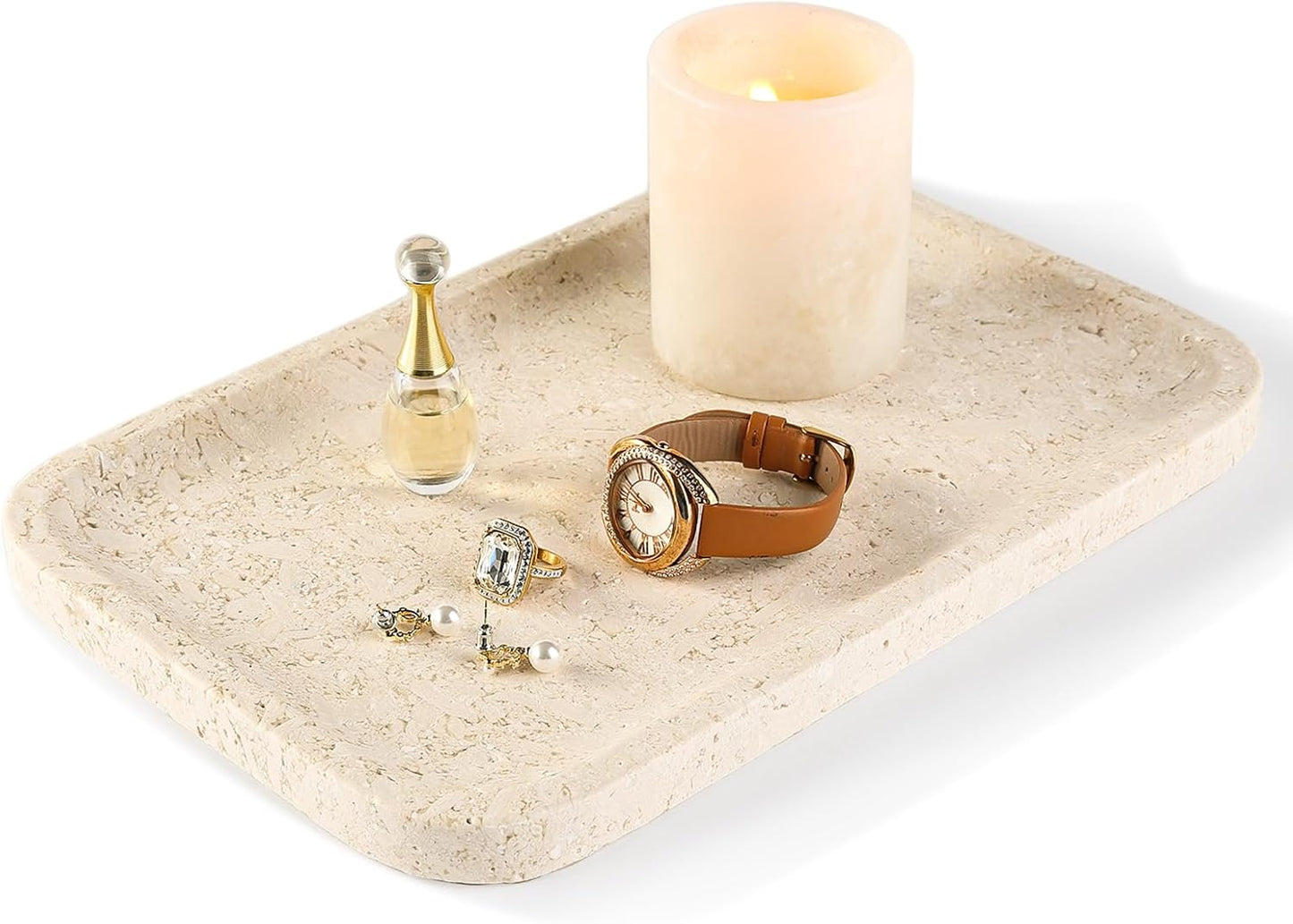 Koville Marble Vanity Tray, 12"x8" Marble Catchall Tray for Countertop Bathroom Kitchen Dresser, Rectangular Decorative Stone Tray for Jewelry Cosmetics Perfume Trinket(Brown)