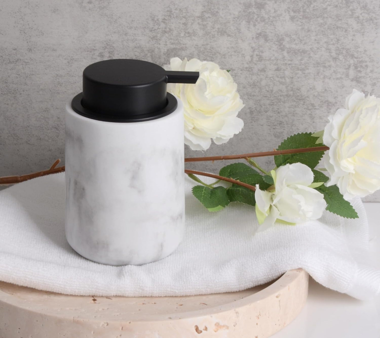 Resin Hand Soap Dispenser Easy-to-Press Liquid Pump, Refillable Soap Dispenser with White Marble Look, Waterproof Bottle Labels for Bathroom Kitchen Dish Lotion (White, 10 oz)