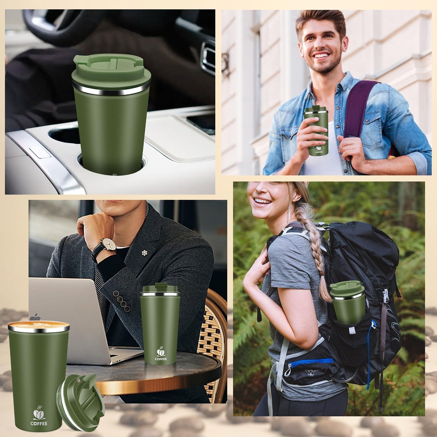 Insulated Travel Coffee Mug Reusable Coffee Tumbler Cup with Flip Lid Leak Proof Spill Proof for Office School Party Camping Hot and Cold Drink,Stainless Steel 17oz (Army Green)