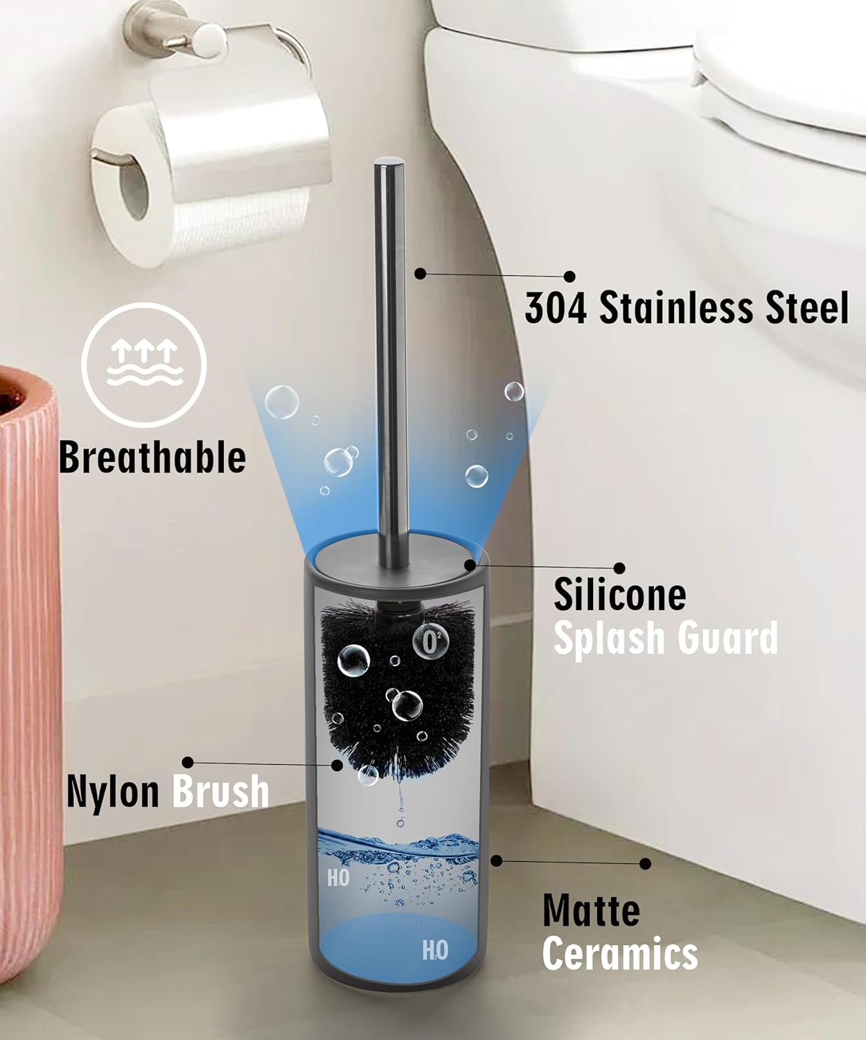 Matt Gray Ceramic Toilet Brush and Holder Set, Freestanding Toilet Bowl Cleaners Brush, Scrubber Brush for Toilet, Bathroom Accessories with Stainless Handle, Deep Cleaning