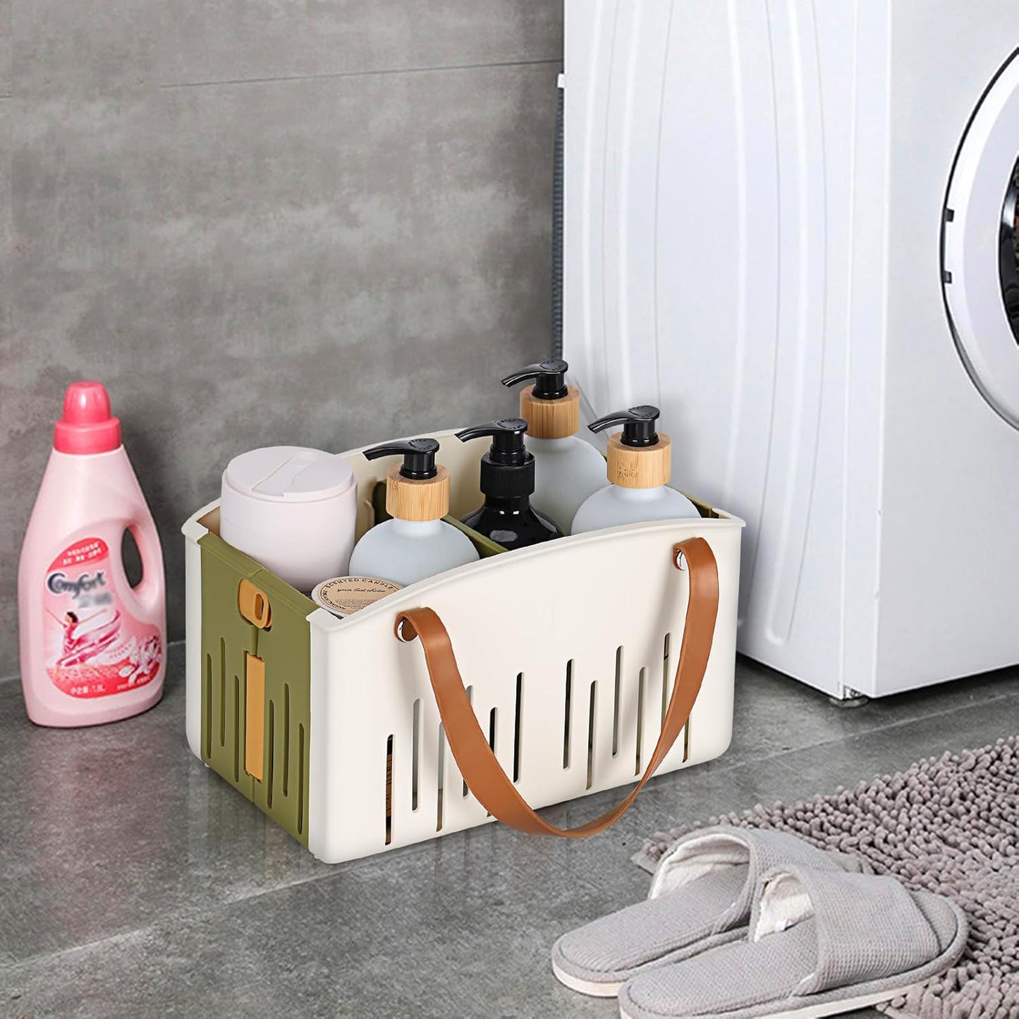 Portable Shower Caddy Collapsible Plastic Shower Basket Tote with Handles Removable Divider, Cleaning Caddy Storage Organizer for Bathroom College Dorm (Green)