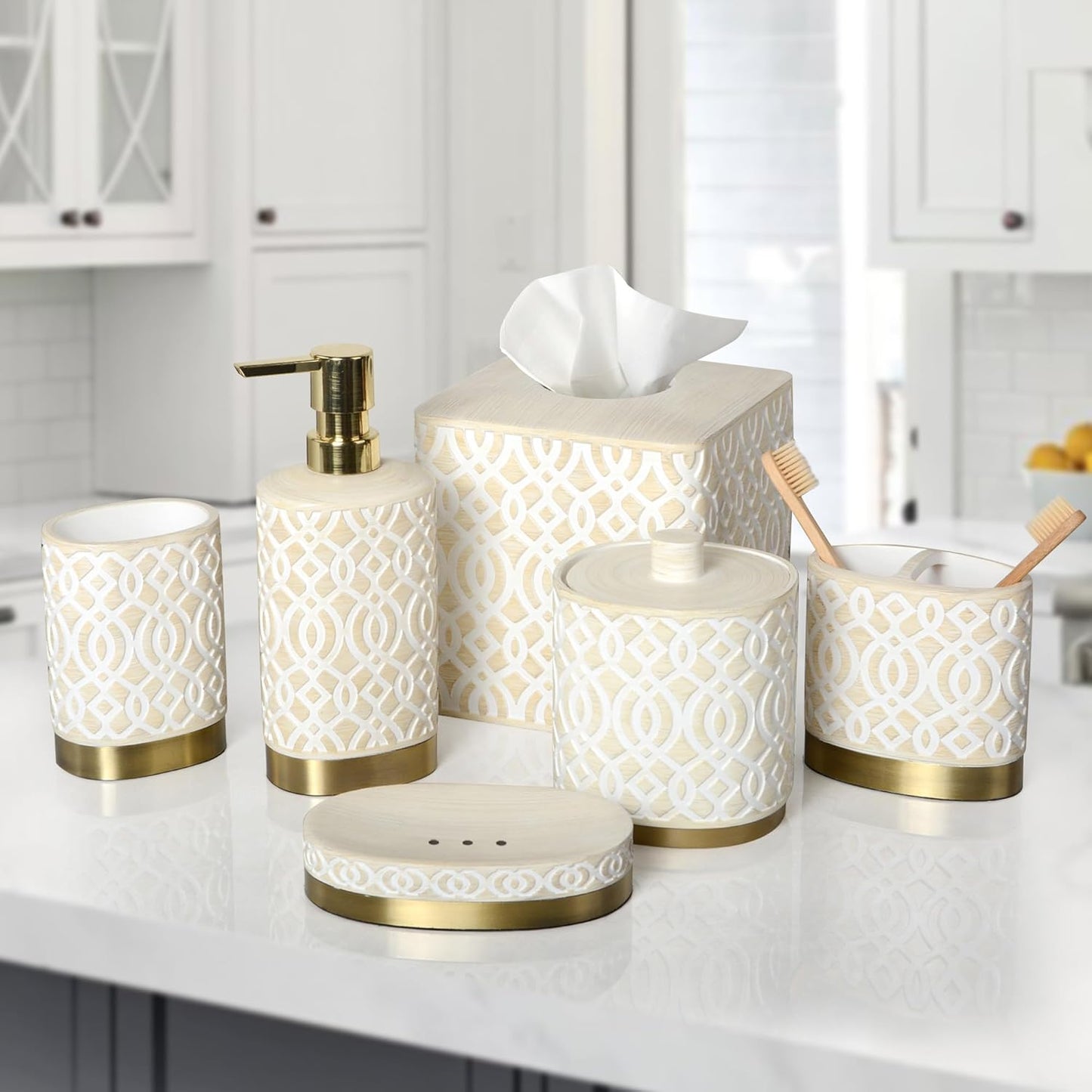 6-Piece Bathroom Accessories Set – Soap Dispenser, Toothbrush Holder, Tumbler, Soap Dish, Cotton Swab Jar & Toilet Brush – Modern Bathroom Decor Set (Solana)