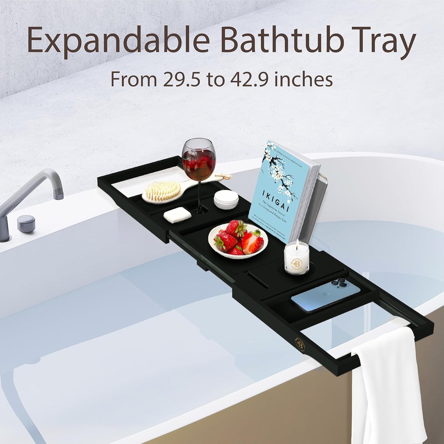 Bathtub Tray - Expandable Black Bamboo Bath Tray for Tub with Wine Glass Holder, Book & Tablet Stand - Wooden Bathtub Caddy Tray for Bathroom Accessories, Spa Relaxation, Housewarming & Wedding Gift