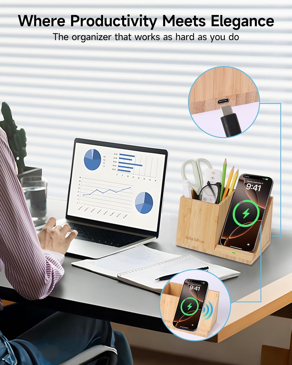 Bamboo Pen Holder for Desk & Nightstand Organizer with Fast Wireless Charging for iPhone, Samsung & More – Office Desk Accessories for Men/Women (Bamboo)