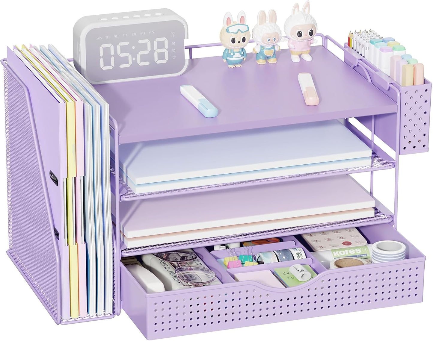 gianotter Wood Desk Organizers and Accessories with File Holder, 4-Tier Desk Accessories & Workspace Organizers with Drawer and Pen Holder, Paper Organizer for Office Supplies (Purple)