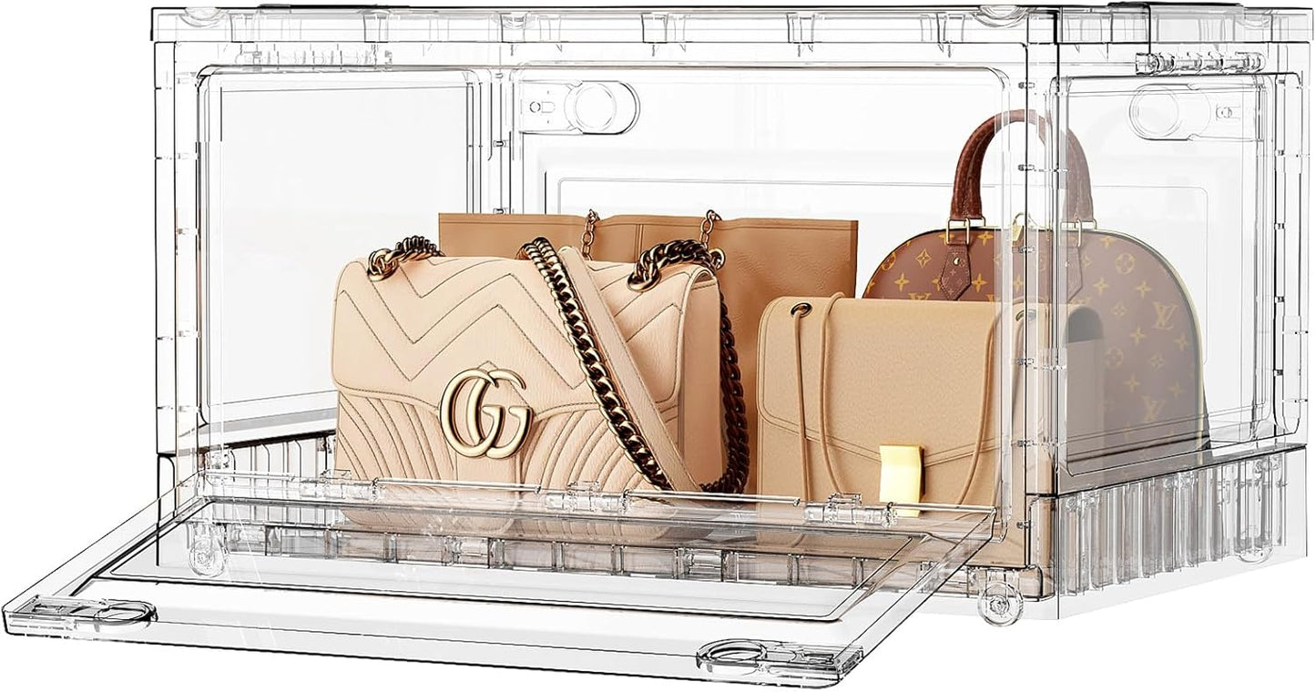 BROVIEW 80Qt Clear Stackable Storage Bins with Lids and Wheels, Shiny Plastic Storage Bins, Foldable PET Drawer Closet Organizers and Storage Cabinets Display Box for Home Craft Makeup, 1 Pack