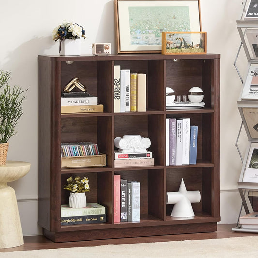 9 Cube Bookshelf, 41" Tall Organizer Bookcase with Curved Edge, Wood Floor Standing 3-Tier Cubby Book Shelf with Base, Vinatge Display Storage Cabinet for Living Room, Home Office, Walnut