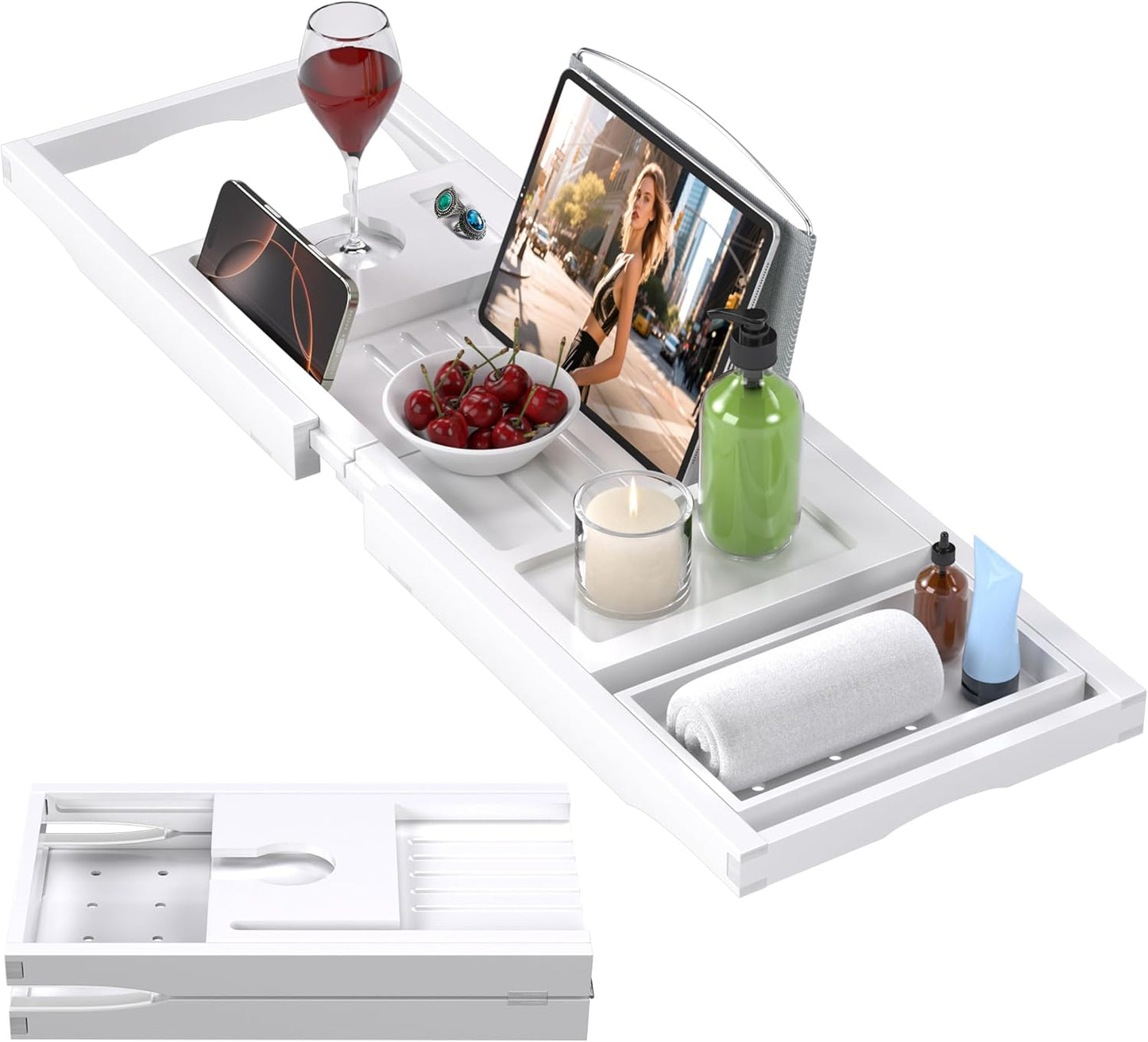 Foldable Bathtub Caddy Tray for Tub,Bamboo Expandable Bath Table Trays,Premium Bathroom Accessories for New Home & Mothers Day & Birthday Gifts for Couples,White