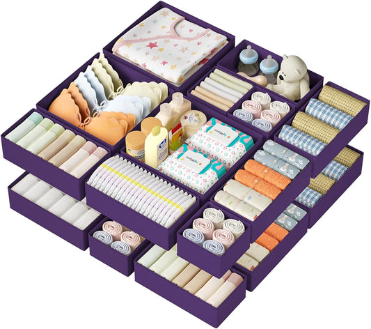 DIMJ Drawer Organizer Clothes 15 Pack - Foldable Baby Organizers and Storage & Dresser Organizer for Bedroom, Closet - Nursery Organization Dresser Dividers for underwear, Sock,Bra, Belt, Tie, Purple