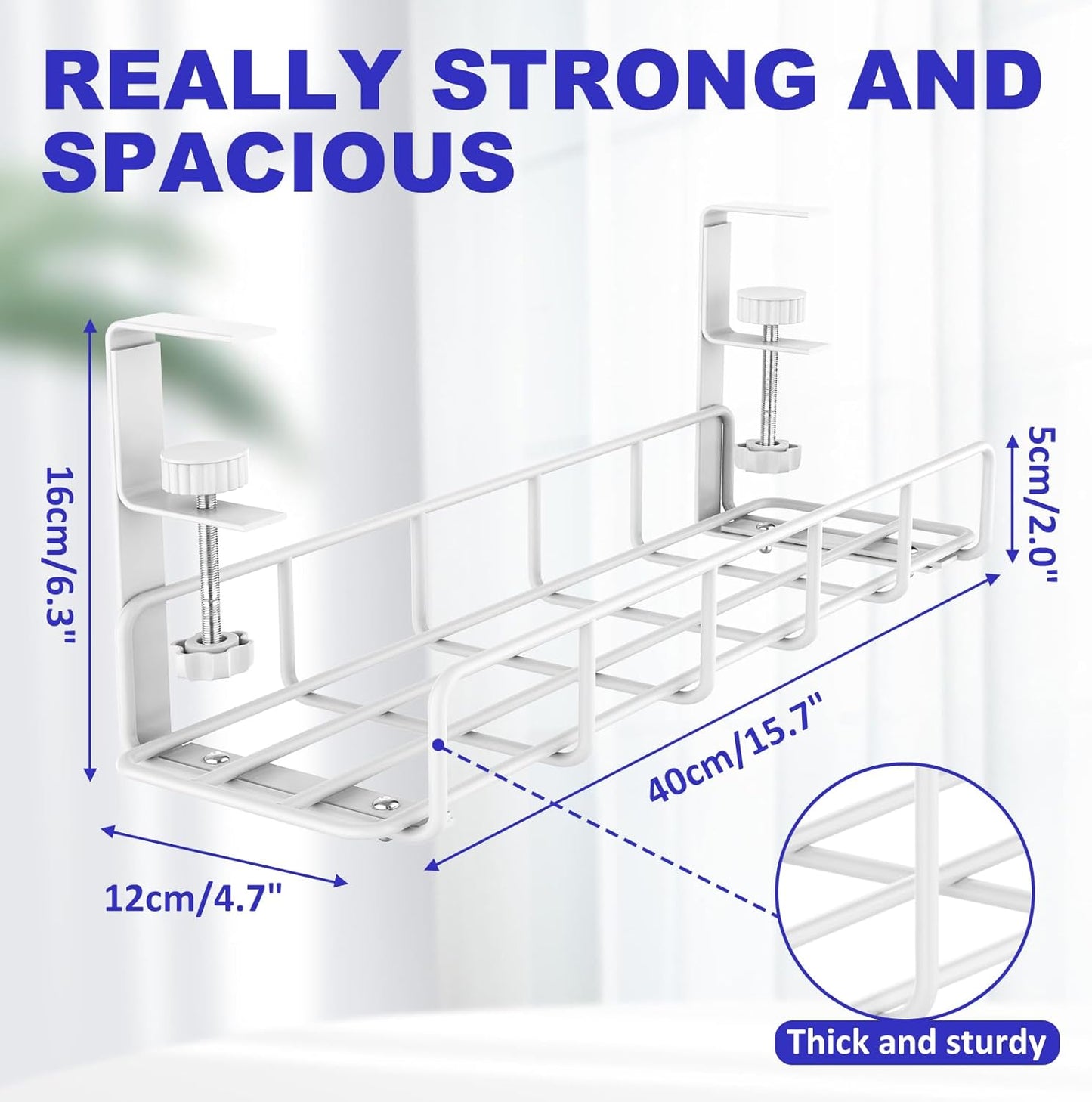 Under Desk Cable Management Tray, 31.5'' No Drill Steel Cable Tray Organizers, Wire Management Tray Cable Rack with Clamp Mount, Metal Under Desk Tray with Wire and Cord Organizer (White, 1 Pack)