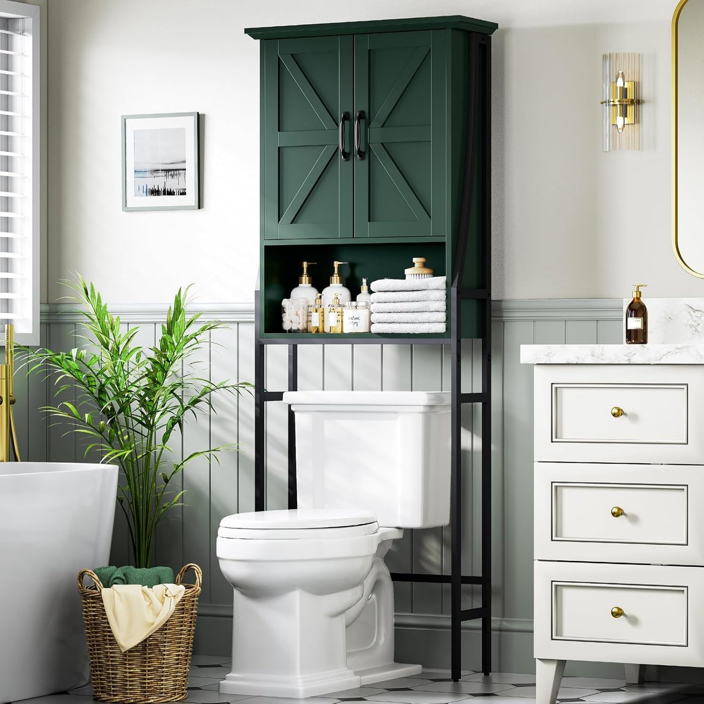 Over The Toilet Storage Cabinet, Over Toilet Bathroom Organizer with Barn Doors Above Toilet Storage Cabinet Spacesaver Behind Toilet Bathroom Organizer (Forest Green)