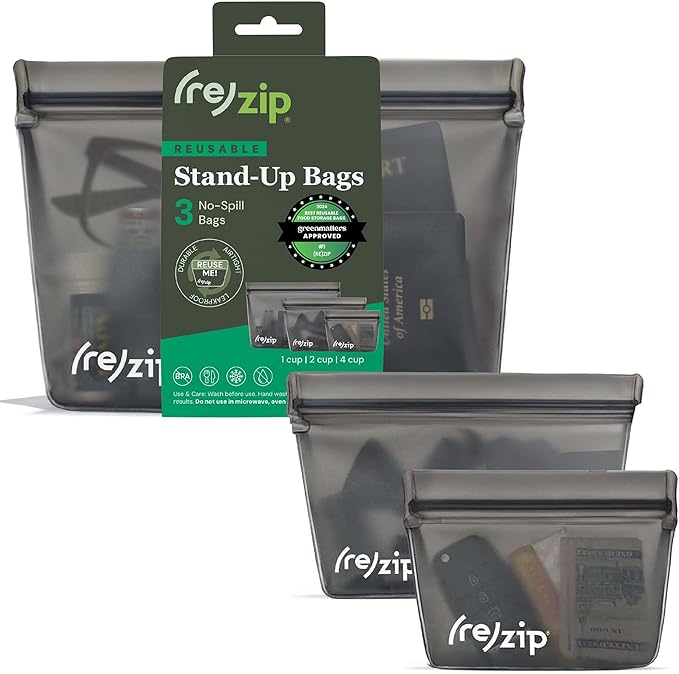 (re) zip 3-Piece Stand-Up Reusable Bag Kit | BPA-Free, Food Grade, Leakproof, Travel Friendly, Freezer and Dishwasher Safe | Quart (1), 2-Cup (1), Snack Size (1) | Solid Gray