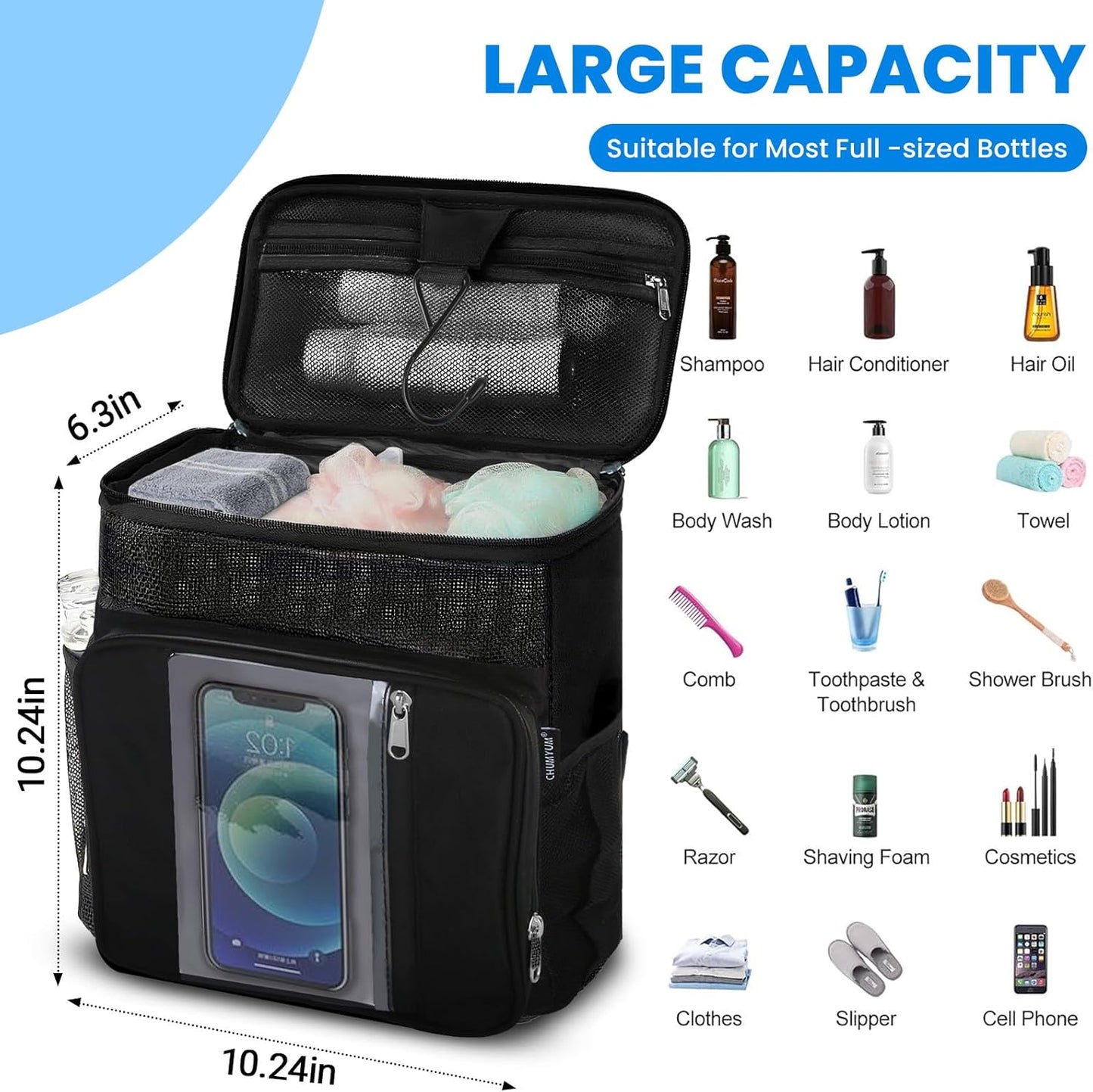 Portable Shower Caddy Organizer, 10.24x6.3x10.24 inches, Quick-Dry Mesh Design, Multiple Pockets, Black