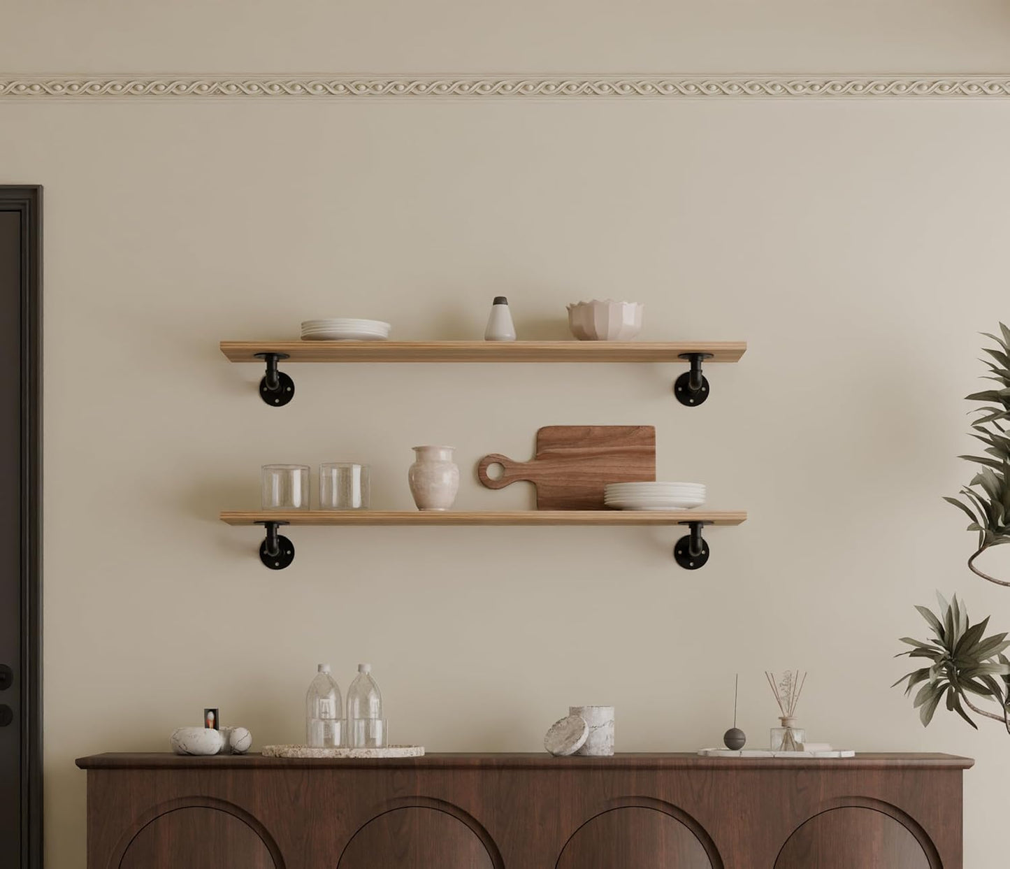 IEO Industrial Pipe Shelving Shelf,Pipe Wall Shelves Wood Shelf,Kitchen Shelves Shelving, 36 Inches Wood Long Floating Shelves for Wall Farmhouse Pipe Book Shelves Natural for Kitchen,Living Room