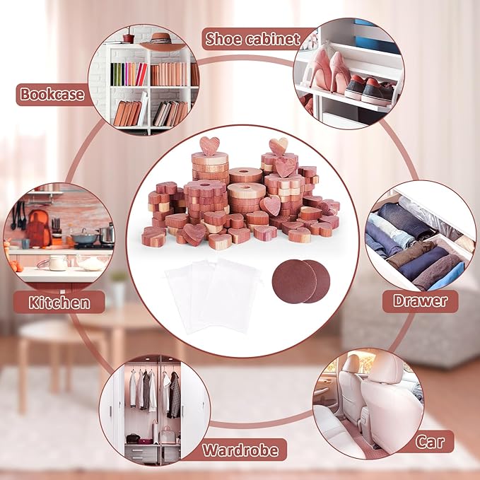 Woodever 90 Pack Cedar Blocks for Clothes Storage, 100% Natural Aromatic Cedar Rings for Wardrobes and Drawers, 20 Rings 20 Garlands and 50 Hearts, with Sandpaper and Sachets