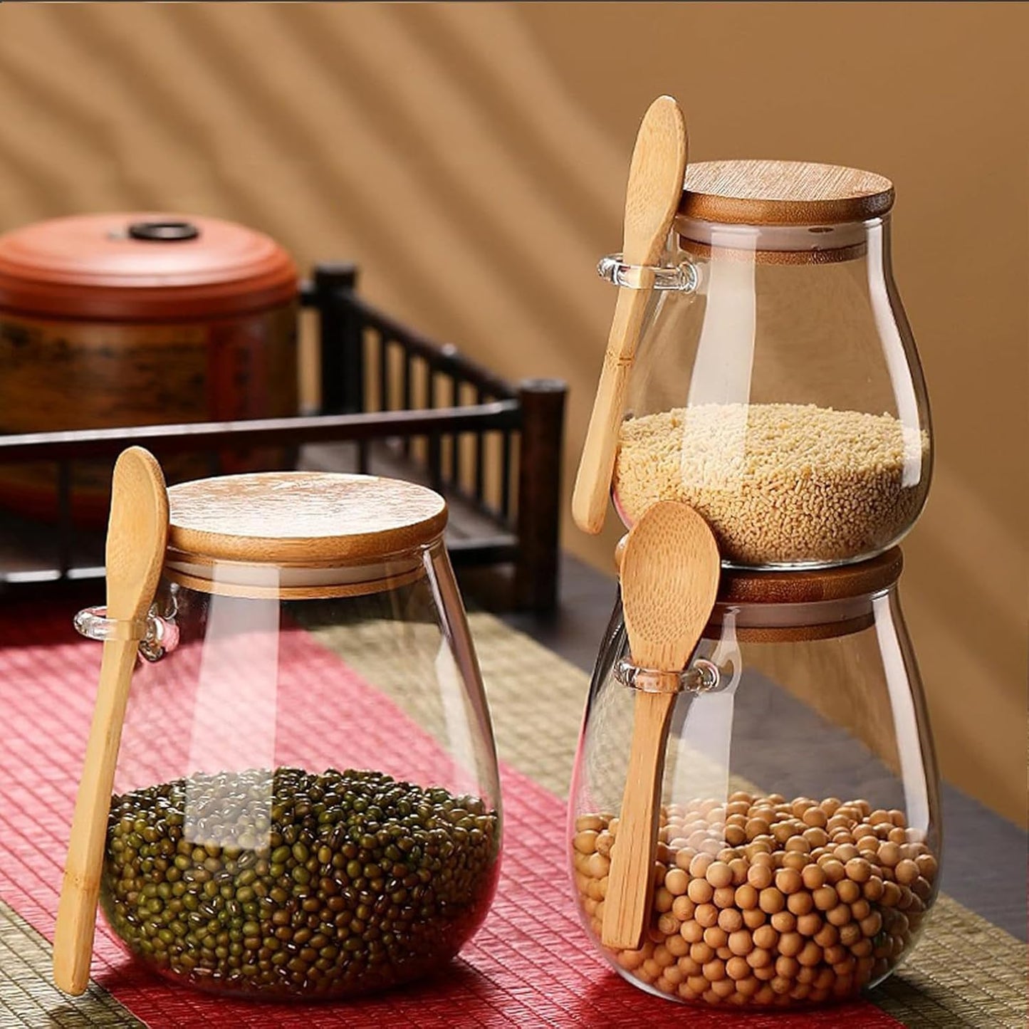 Airtight glass jar storage container with bamboo lid Set of 4, wide mouth, leak-proof, With a spoon, can be used for coffee beans, tea leaves, grains, dried fruits, etc (Small*4pcs)