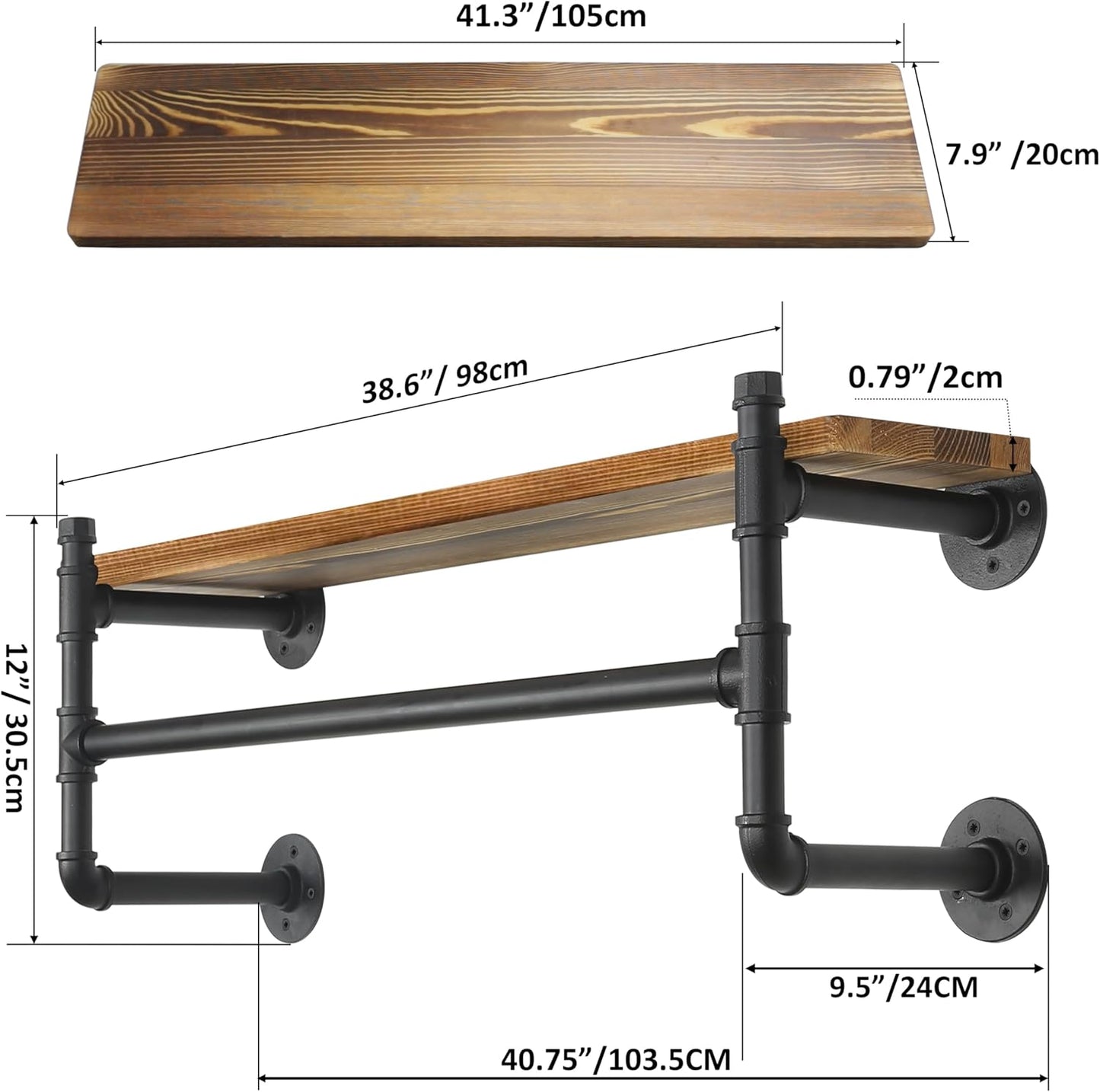 WEBI Wall Mounted Clothes Rack with Shelf,41.3" Long Industrial Pipe Clothing Rack with Shelves,Heavy Duty Iron Garment Rack Bar,Retail Display Clothes Rod for Clothes,Laundry Room,Black